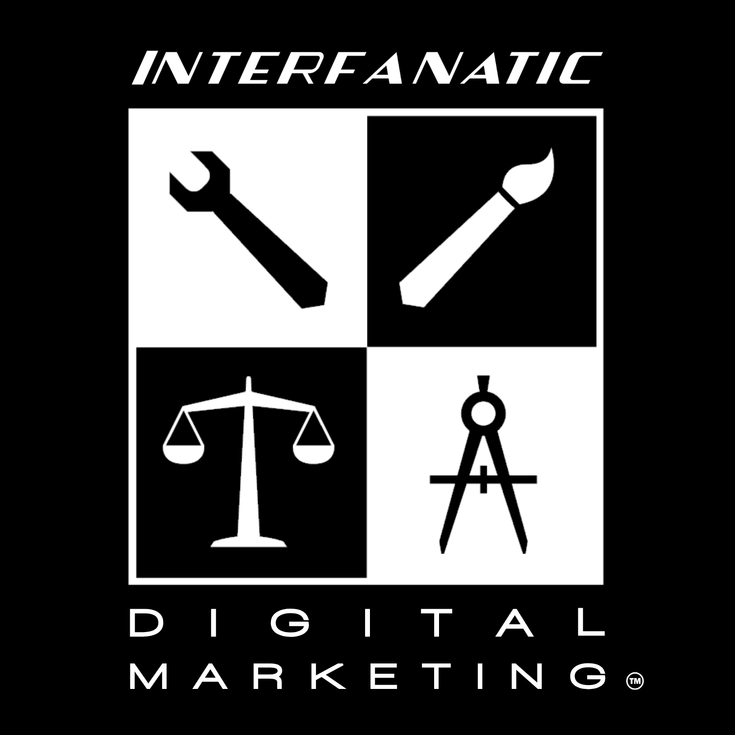 Logo for Interfannatic Digital Marketing, featuring icons of a wrench, paintbrush, scales of justice, and compass.