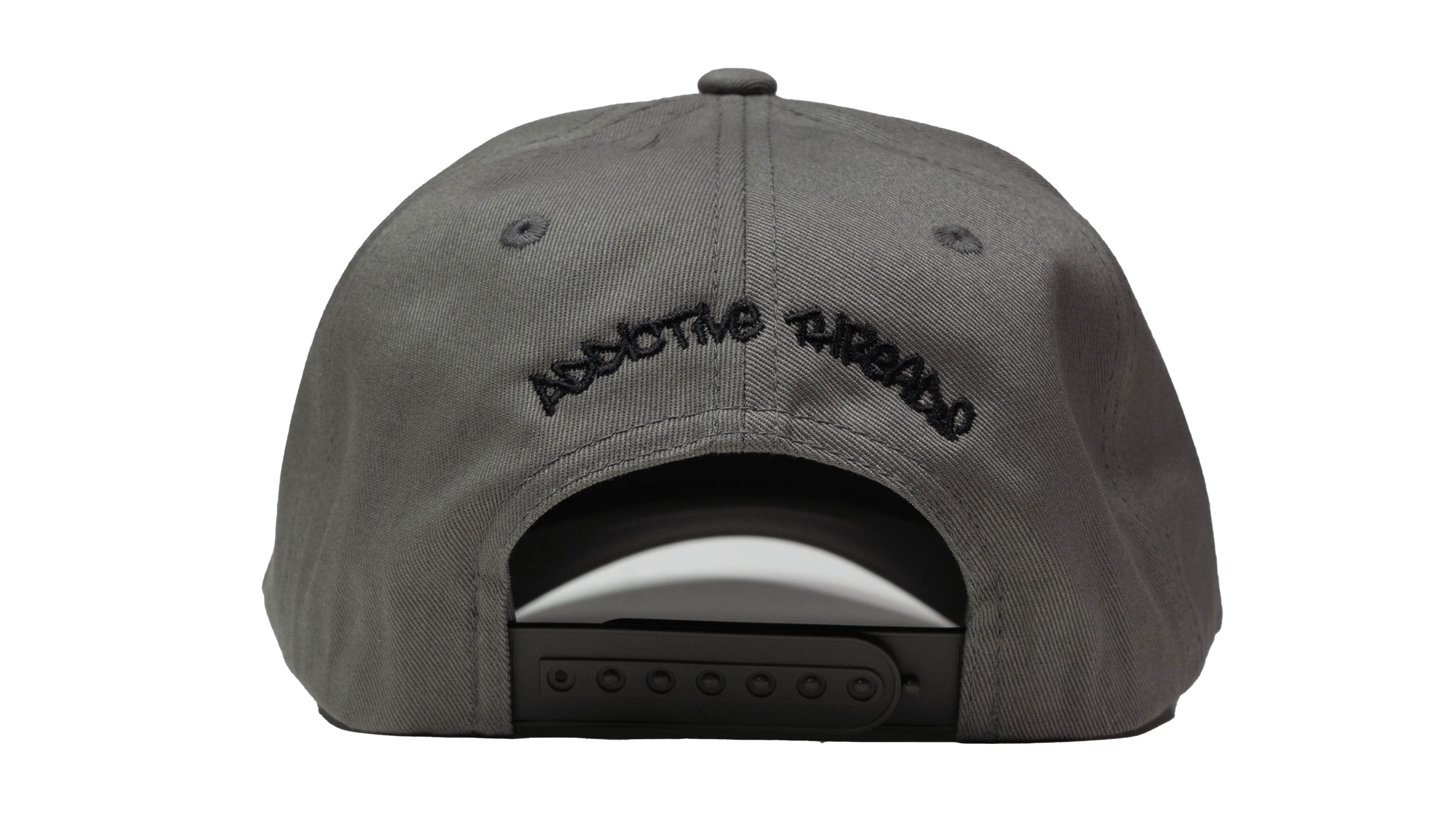 Back view of a gray curved-bill snapback hat featuring a black embroidered “Addictive Threads” text on the back panel.