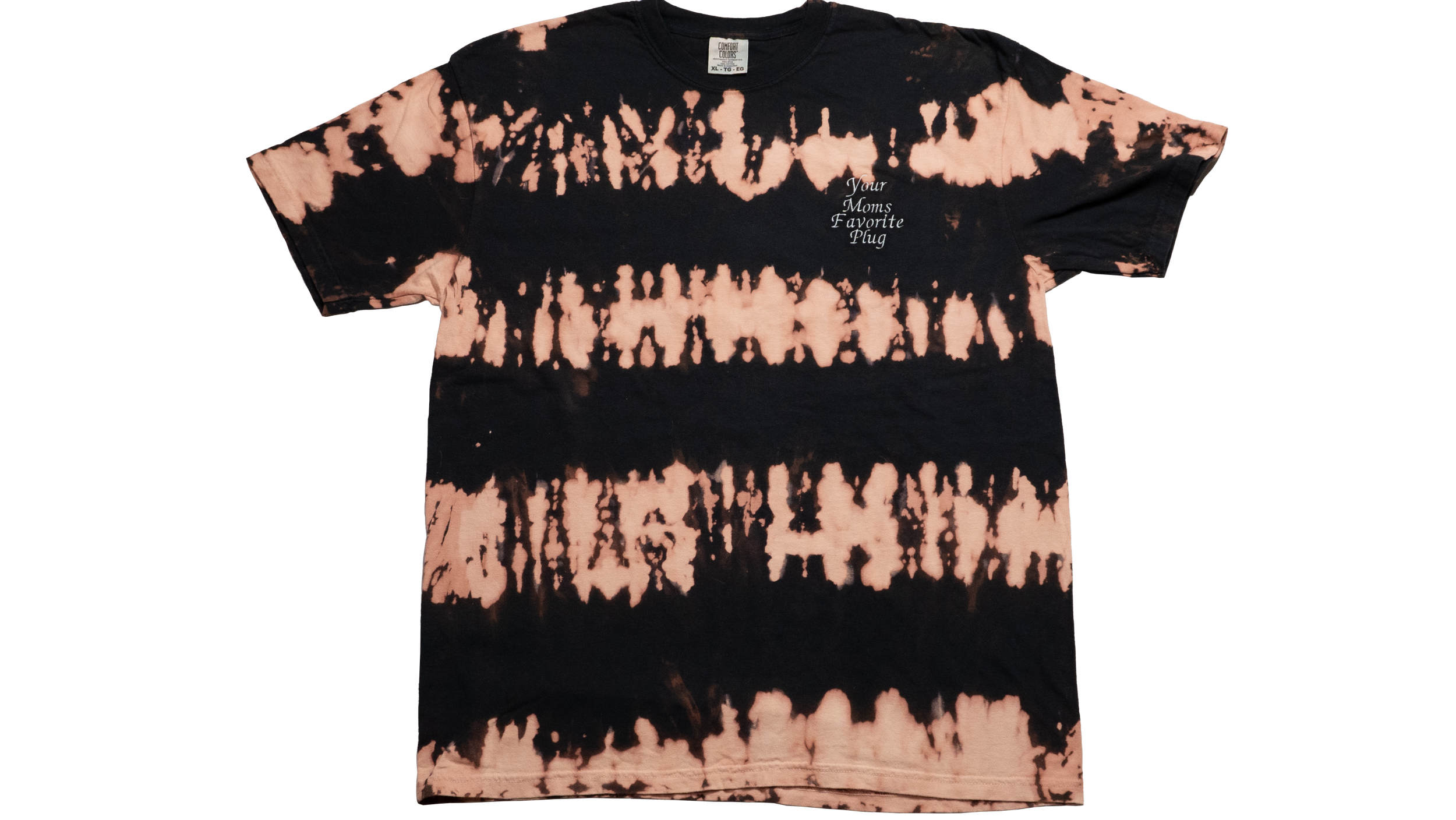 Front view of a black and coral bleach-dyed t-shirt featuring horizontal band-style tie-dye stripes. The upper left chest displays small white text that reads “Your Moms Favorite Plug.”