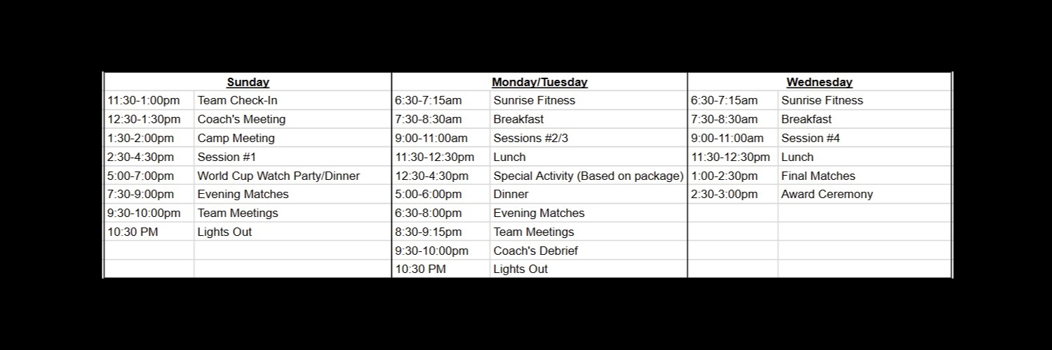 Table with weekly schedule including activities and times for Sunday, Monday/Tuesday, and Wednesday.
