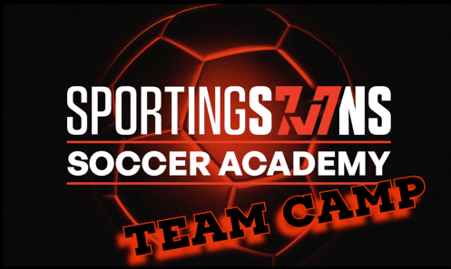 Logo for Sporting7ons Soccer Academy Team Camp with a red glowing soccer ball background.