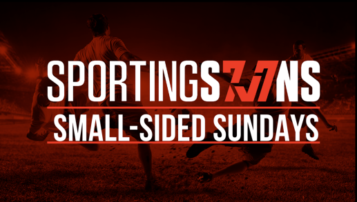Text reading 'Sportings 717s Small-Sided Sundays' over a background of people playing soccer on a field during sunset.