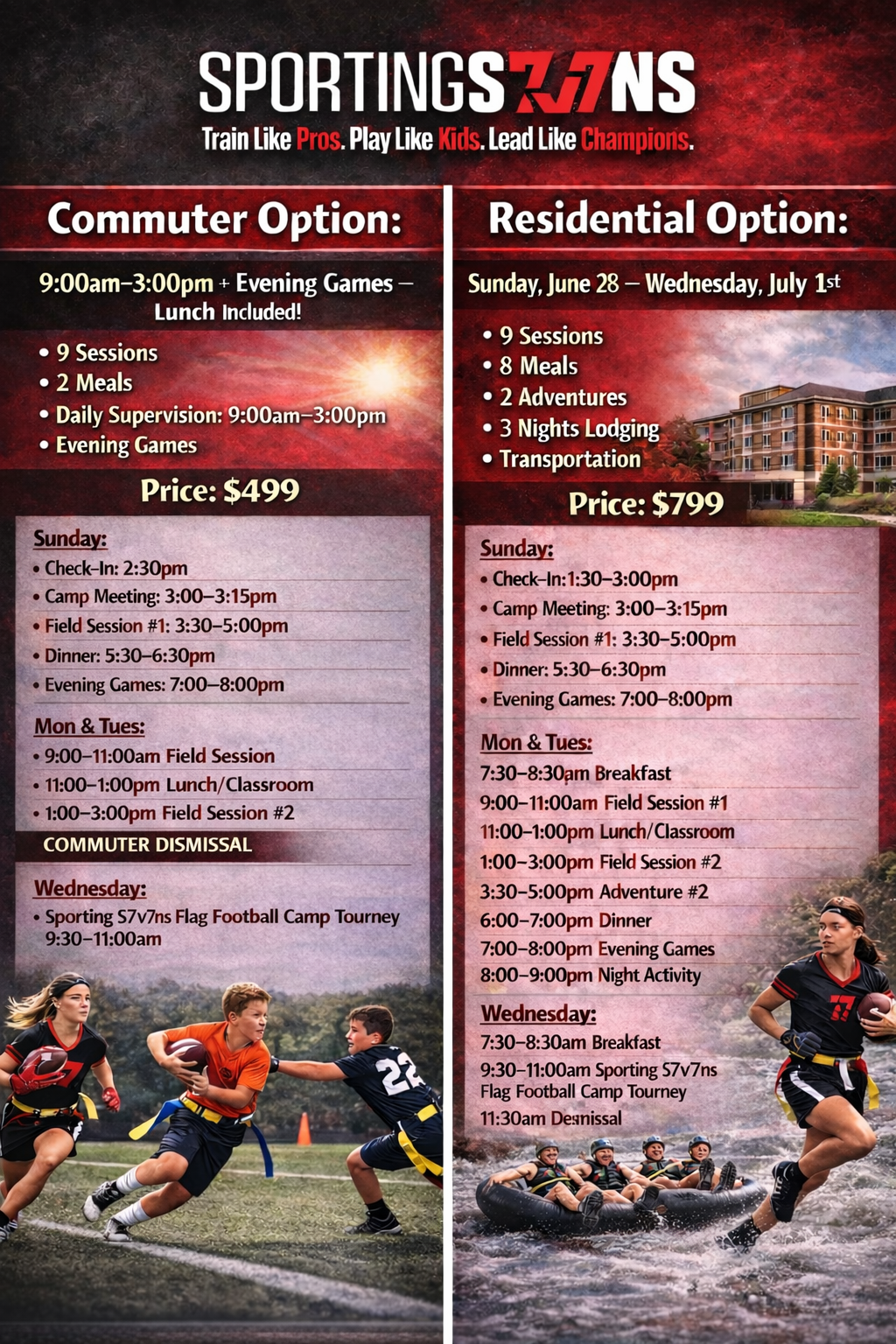 Flyer for a sports camp featuring two sections: Commuter Option and Residential Option. The flyer includes schedules, activities, and prices, with photos of children playing football and rafting.