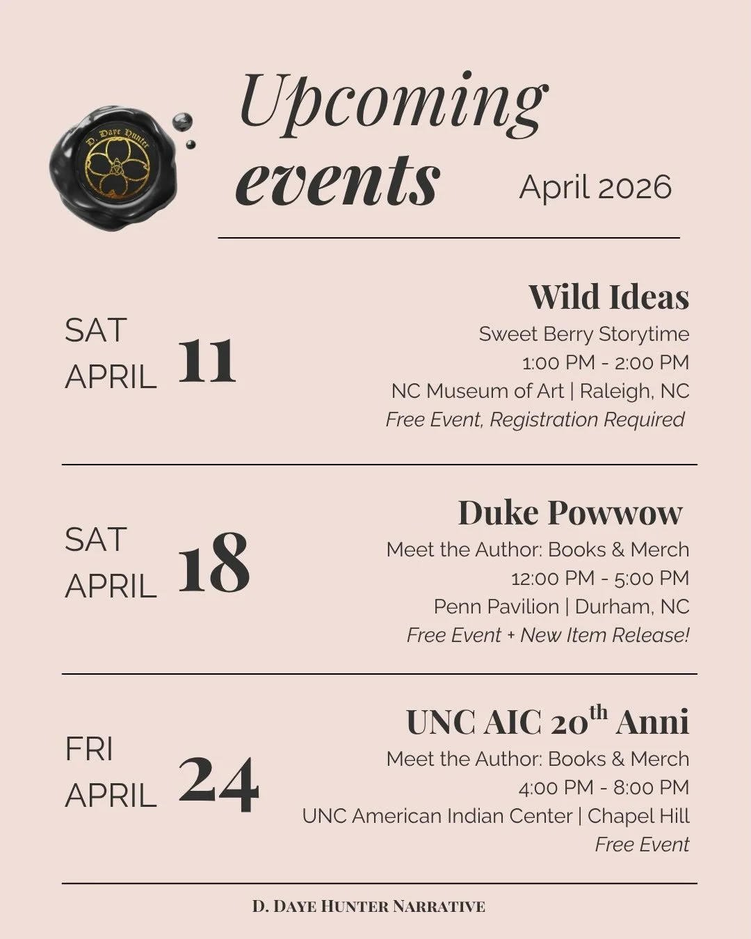 I&rsquo;m very excited to share the events this month where I will be reading and selling books &amp; bookish items! 

🦋 Wild Ideas | Sat. April 11th | 1-2pm | NC Museum of Art, Raleigh, NC: I will be leading storytime with my children&rsquo;s book 