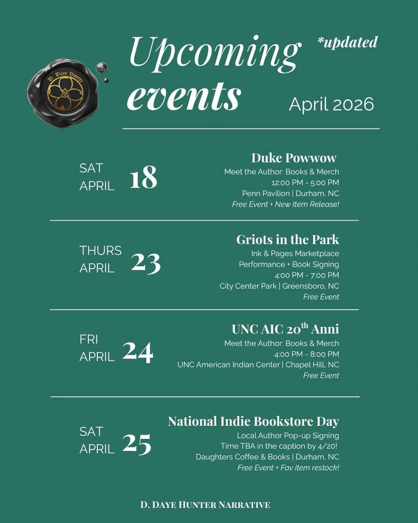 Two new events added to April! Griots at the Park and National Indie Day are going to be LIT. Thanks for having me  Greensboro Downtown Parks andDaughters Coffee &amp; Books! 

#NCAuthor #GSO #RDU #BullCityEvents #GSOIEvents