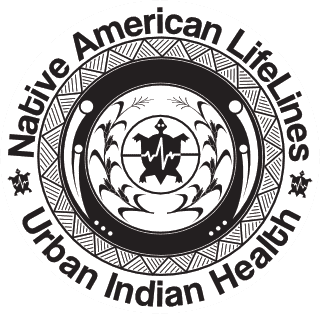 Logo of Native American Life Lines and Urban Indian Health featuring a central turtle with a heart beat line on his back and corn stalks on each side and circular text.