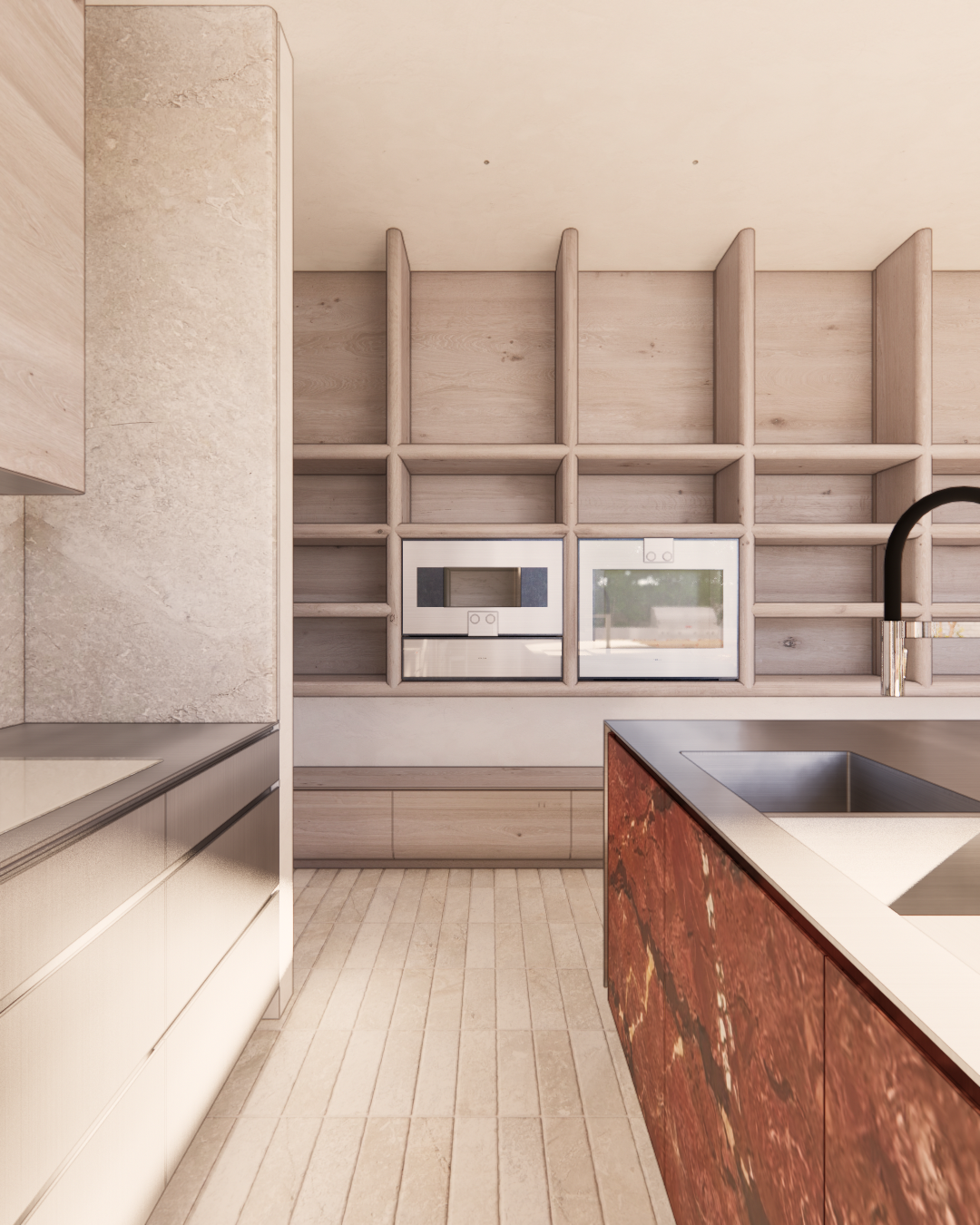 Modern kitchen with beige and wooden cabinetry, built-in microwave and oven, stainless steel sink, black faucet, and open wooden shelves.
