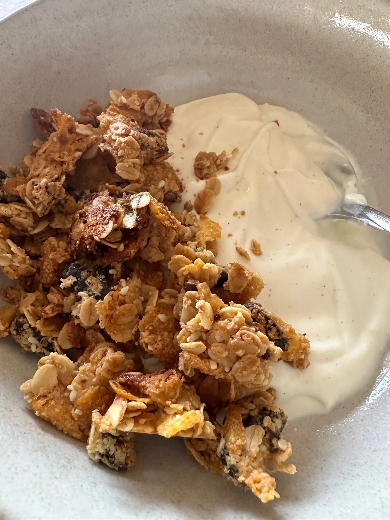Close-up of a bowl containing granola with dried fruit and a side of yogurt, with a spoon in the yogurt.
