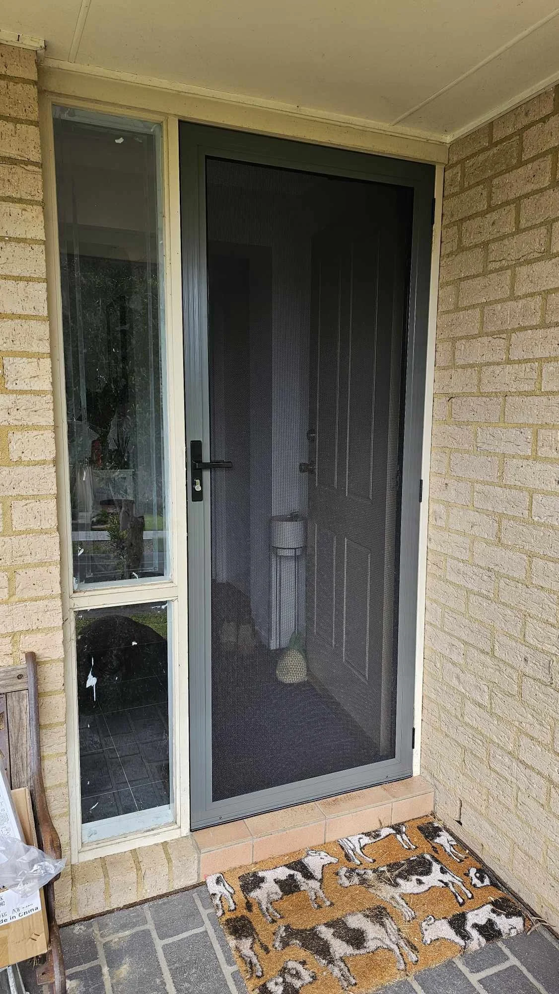 grey front hinge security screen door