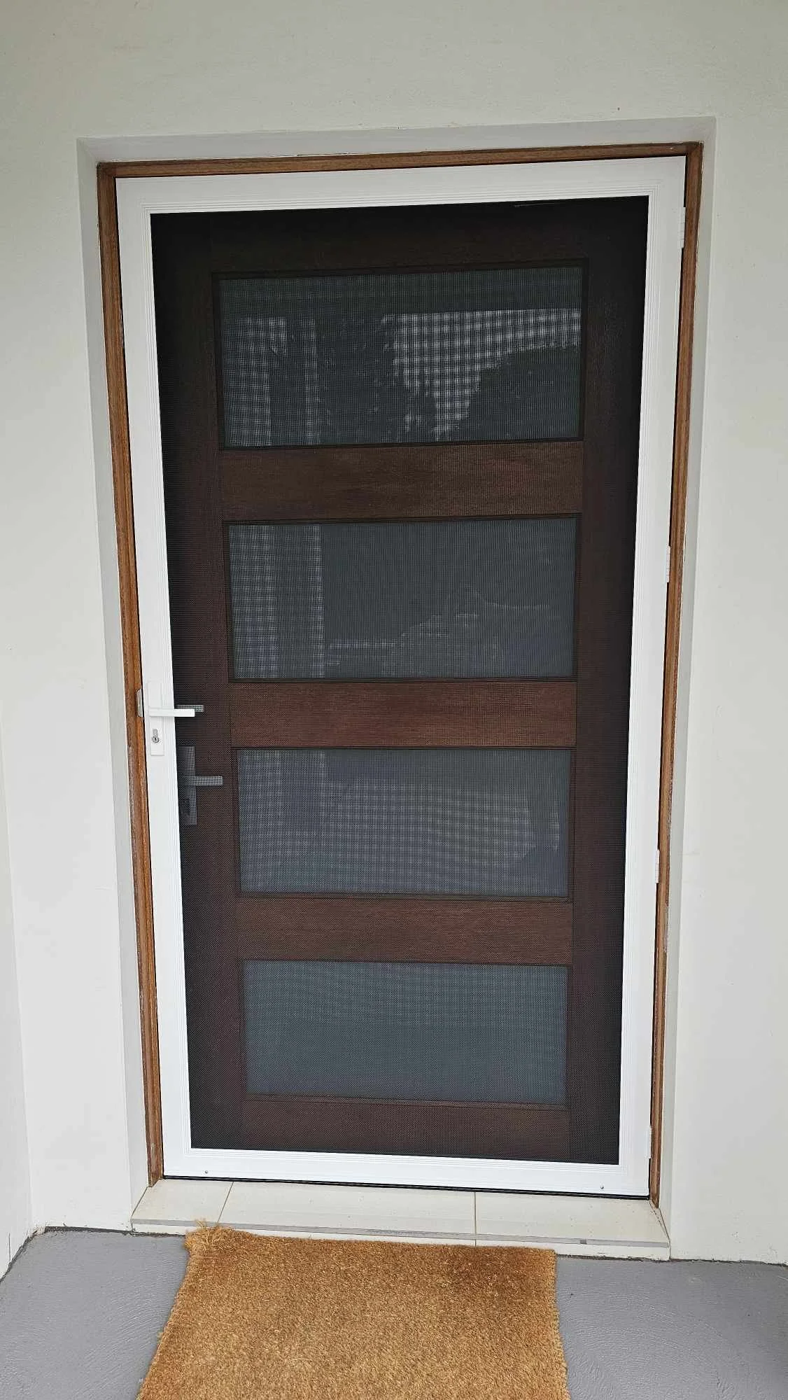 white frame security screen hinge door