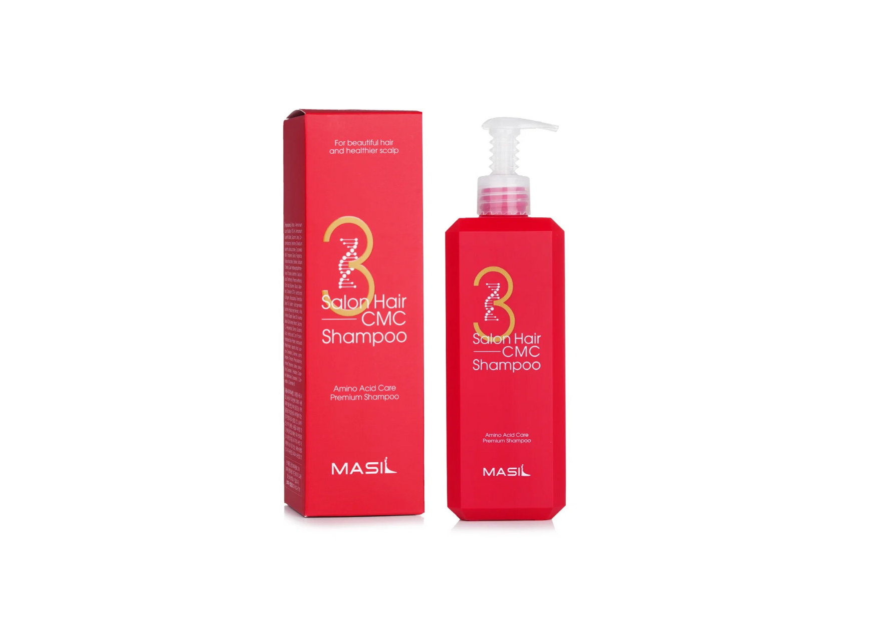 Red bottle of MASIL Salon Hair CMC Shampoo with pump and matching box