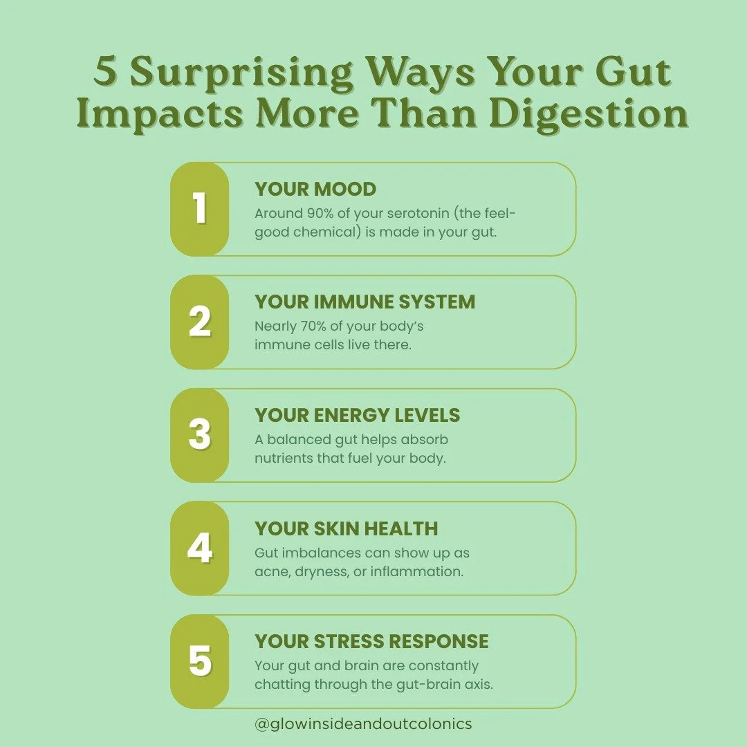 𝟱 𝗦𝘂𝗿𝗽𝗿𝗶𝘀𝗶𝗻𝗴 𝗪𝗮𝘆𝘀 𝗬𝗼𝘂𝗿 𝗚𝘂𝘁 𝗜𝗺𝗽𝗮𝗰𝘁𝘀 𝗠𝗼𝗿𝗲 𝗧𝗵𝗮𝗻 𝗗𝗶𝗴𝗲𝘀𝘁𝗶𝗼𝗻✨ 

Your gut does so much more than just break down your food it&rsquo;s the control center for your overall wellbeing.

A healthy gut supports:
 💭 C