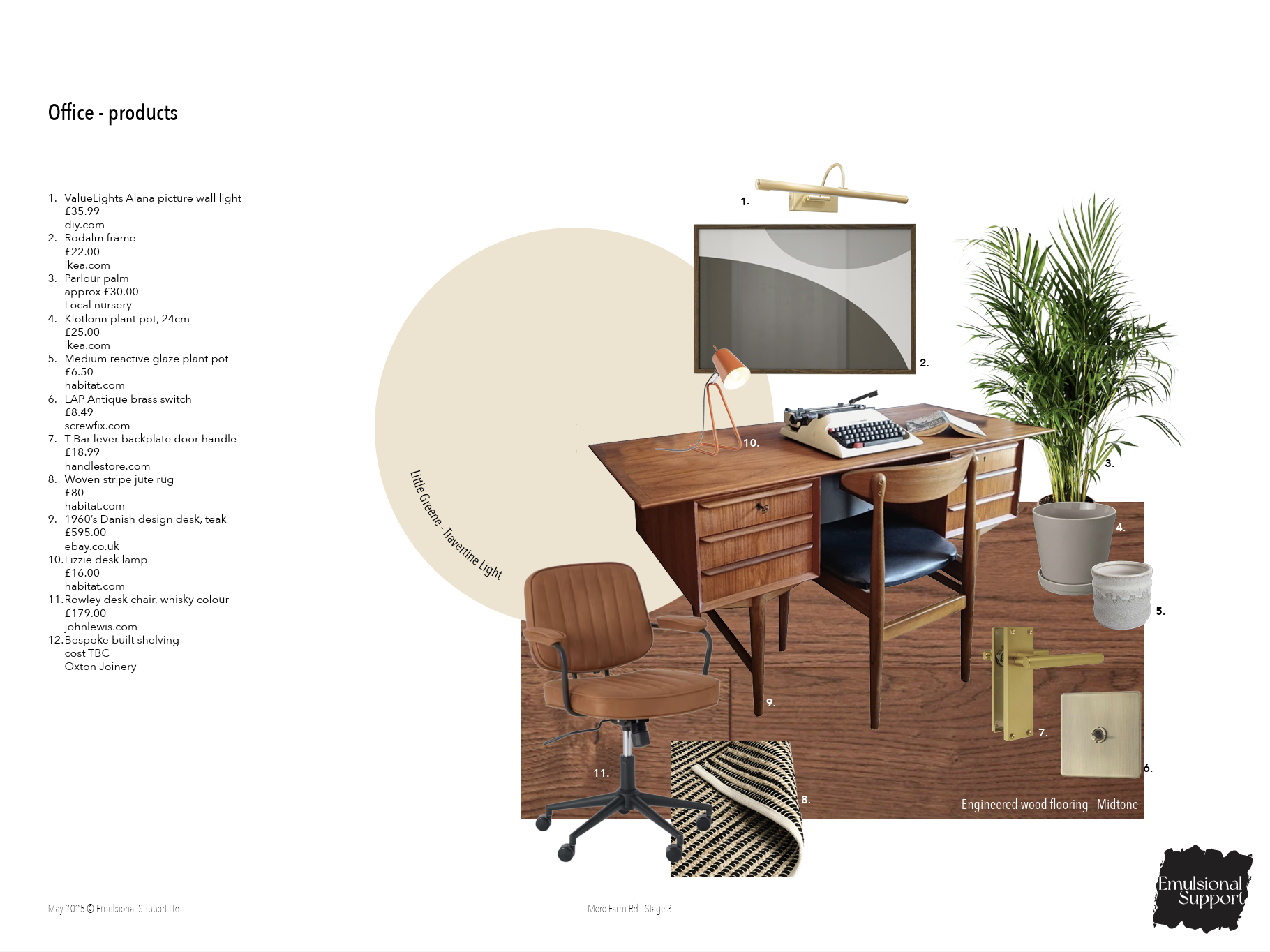 Cut out images of home office furniture are collaged together to create the impression of a room. The cutouts include a desk and chair, typewriter, plants and a rug. On one side of the page is a list of the products, where to source them and their pr