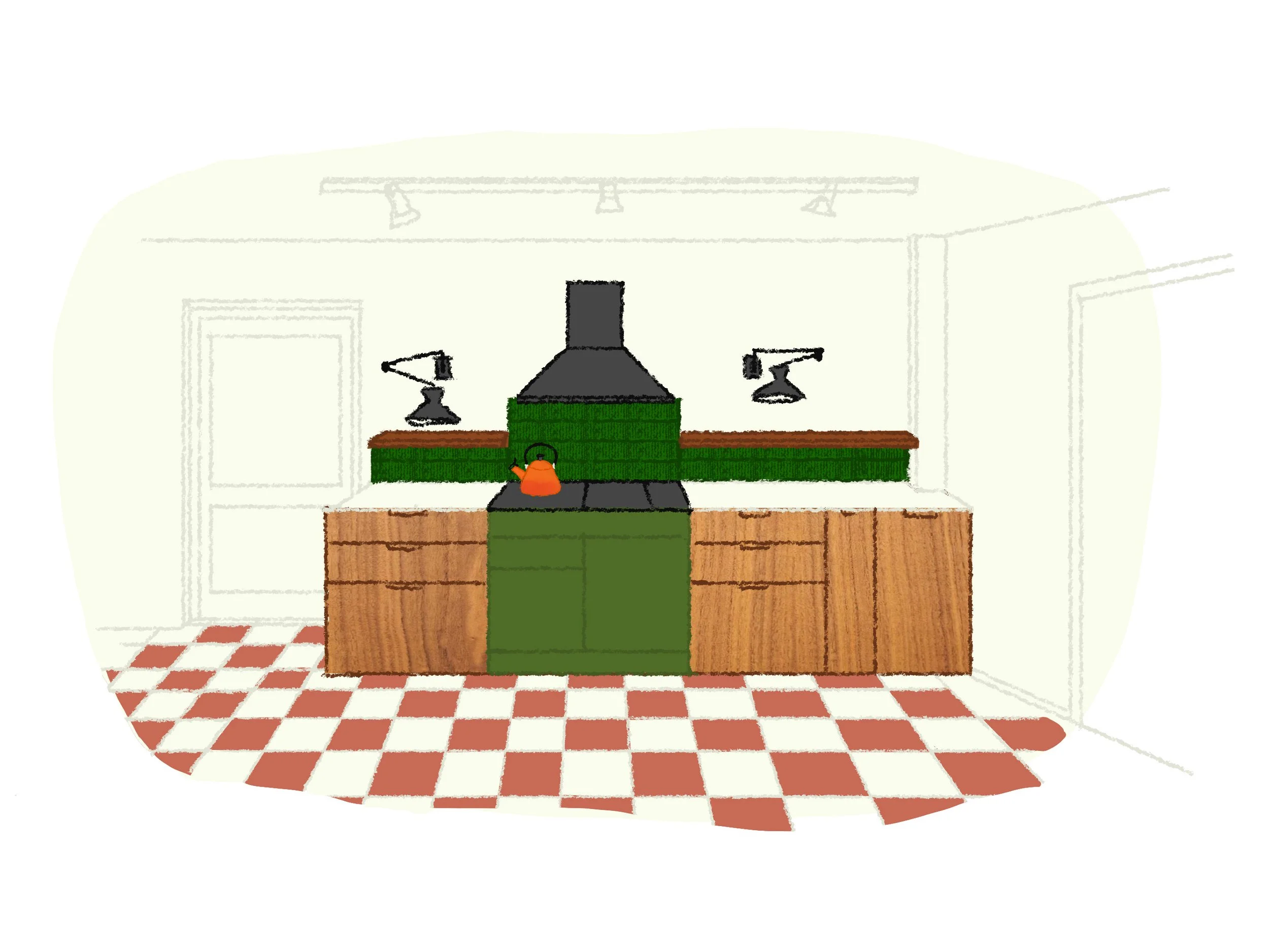 A 2D sketch of a kitchen with a chequerboard tiled floor, wood fronted cabinets and a green range
