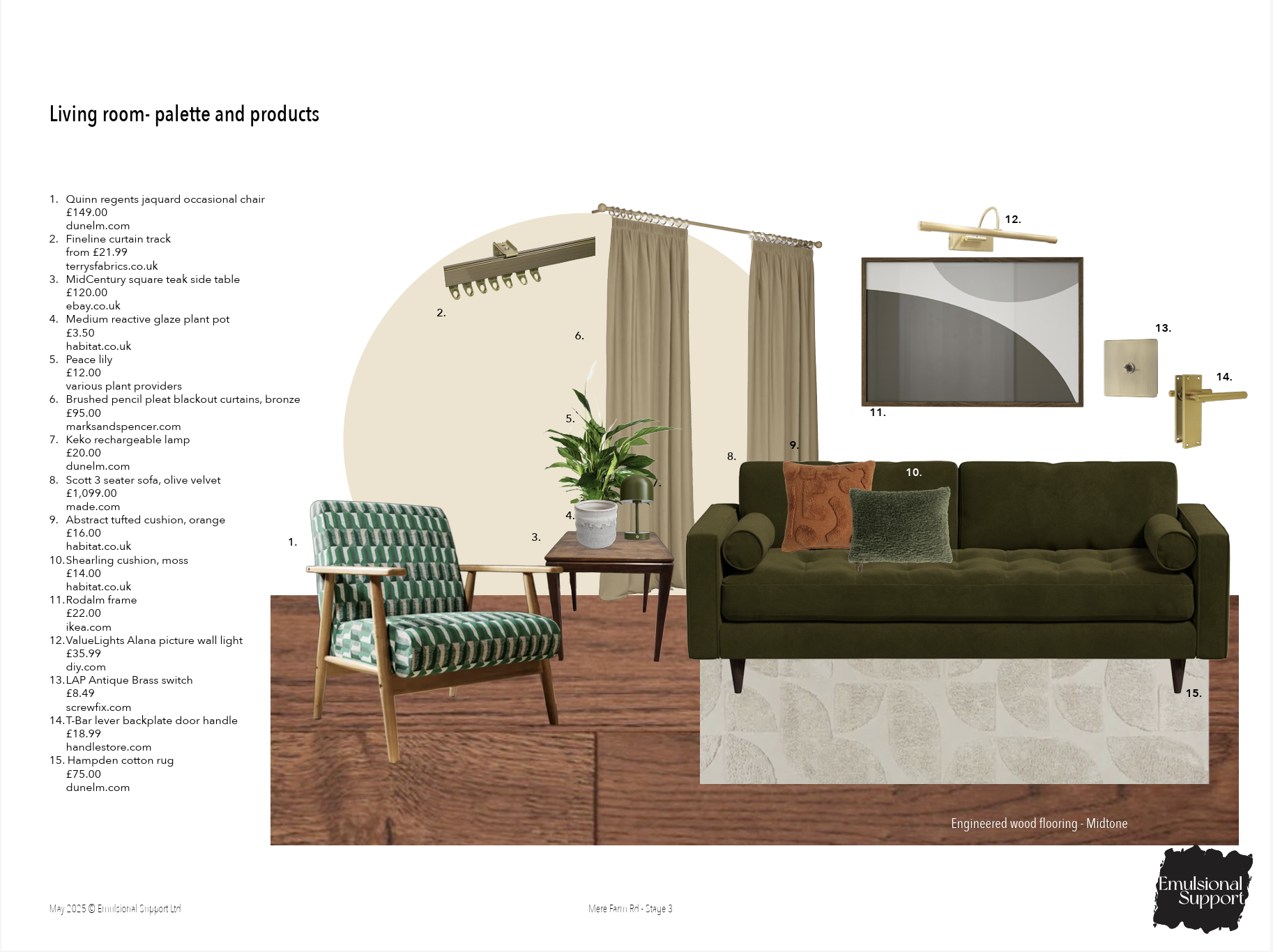 Cut out images of living room products are arranged on a page to mimic the layout of a room. A list of the product names and prices sits on the left-hand side of the page