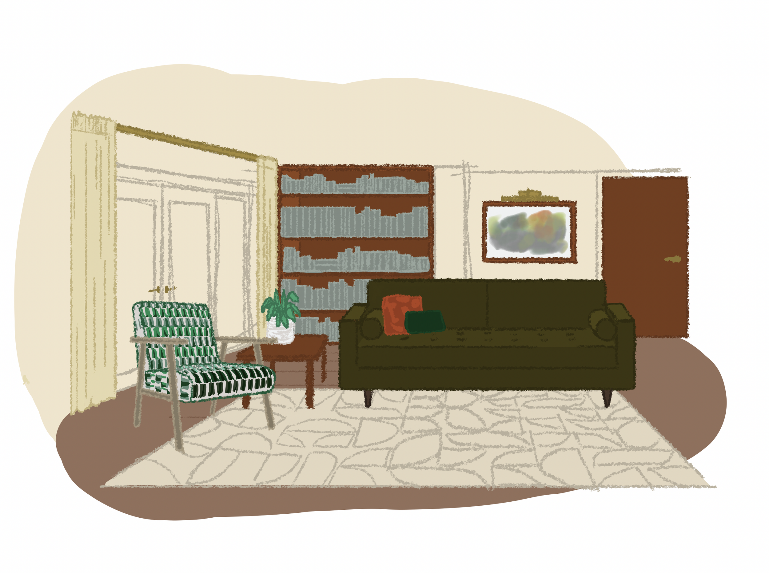 A digital illustration of a living room in a mid-century style. A patterned armchair accompanies a dark green sofa on a geometric, cream-coloured rug. At the back of the room, a bookcase runs from floor to ceiling. Patio doors are framed with long, f