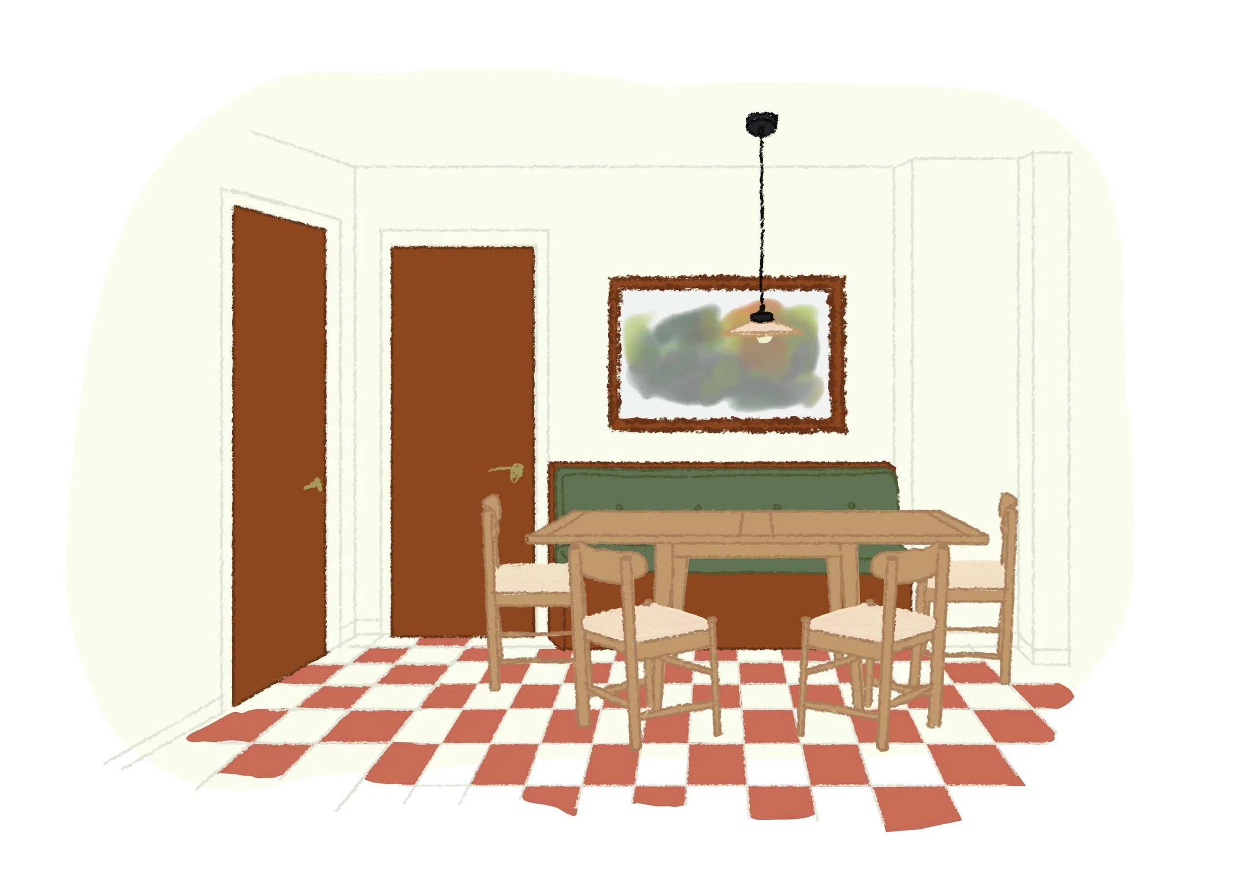 A digital illustration of a dining table with chairs and a banquette bench seat