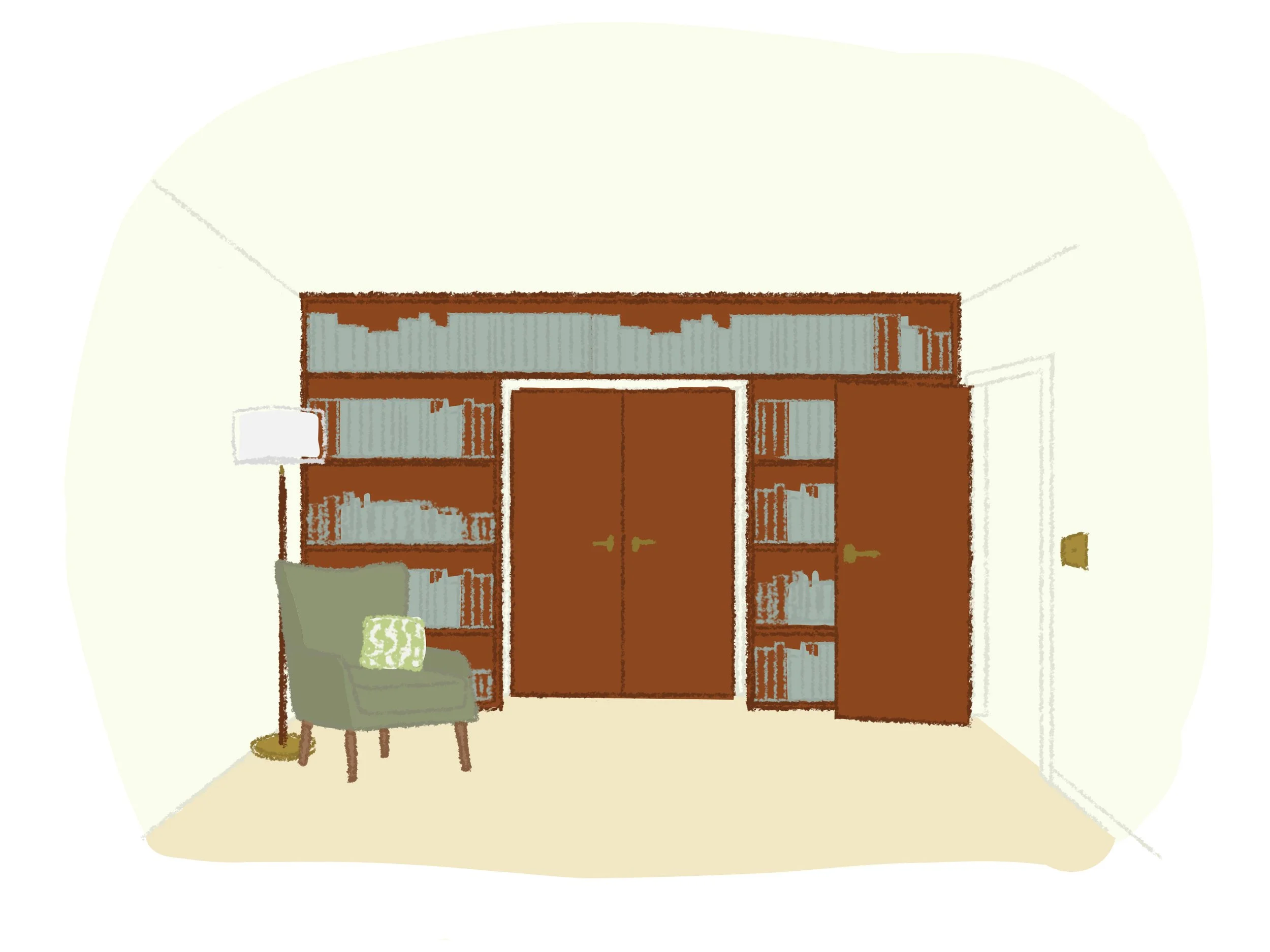 A digital illustration showing double doors set into a bookcase. The bookcase covers the entire wall and stretches above the double doors. A floor lamp and armchair sit in front of the bookcases