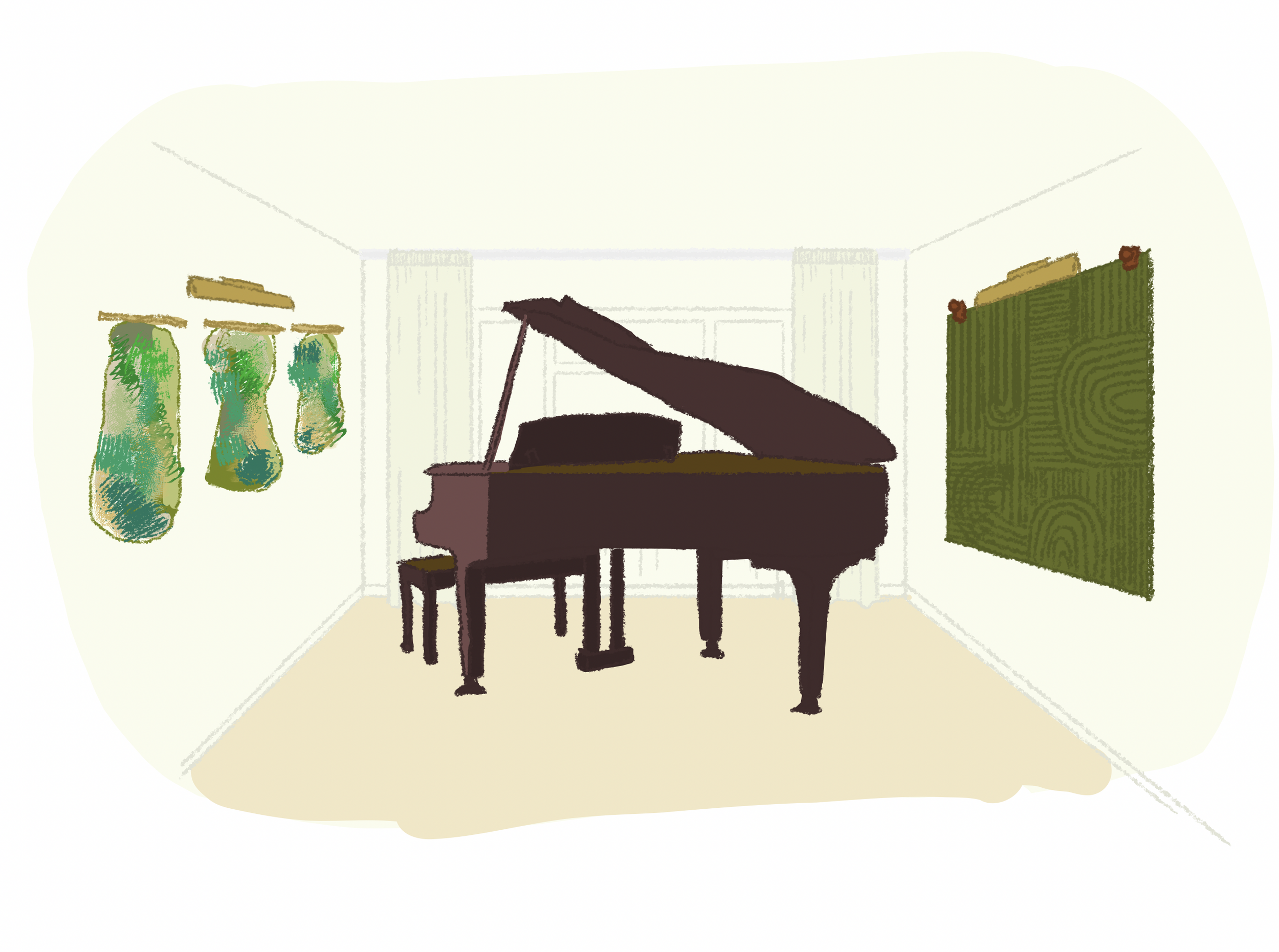 An illustration of a grand piano in a simple room. On the walls hang tufted tapestries and a geometric-patterned rug. The hangings are accompanied with picture lights