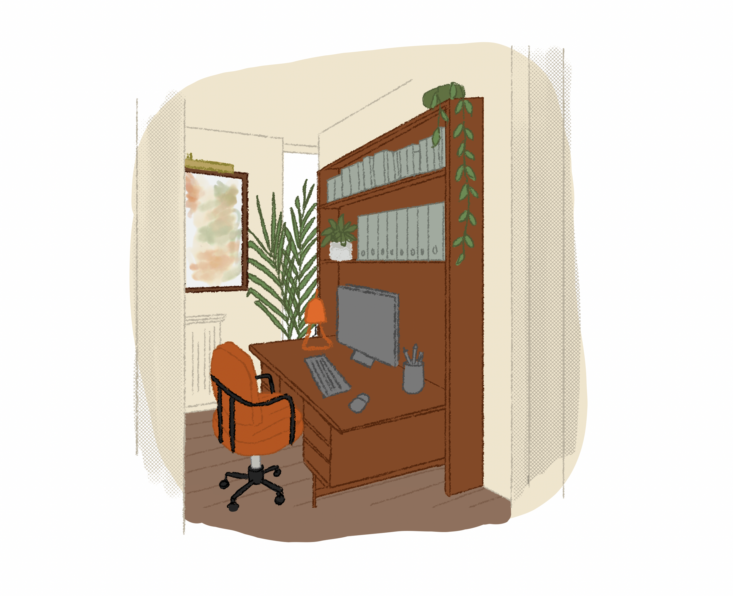 An illustration of a home office through a doorway. A large wooden bookcase serves as the backdrop to a wooden desk featuring a monitor, keyboard, mouse, and an orange lamp. On top of the bookcase is a trailing plant. A large palm plant sits in the c