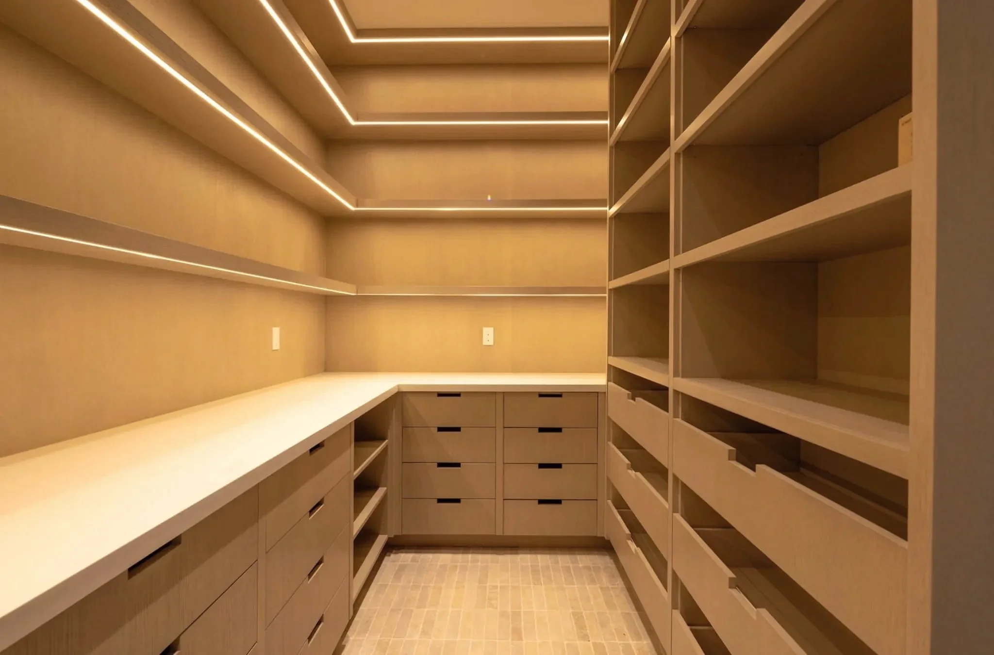 Rachael Goddard Design Studio Calabasas Empty walk-in closet with beige walls, built-in shelves, drawers, and LED strip lighting on the ceiling.