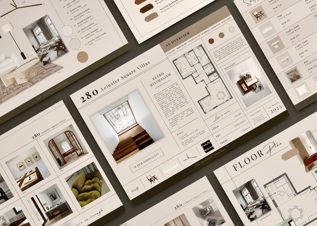 Interior design or real estate presentation boards displaying floor plans, interior photos, material samples, and project details for a property at 280 Leinster Square Villas.  Rachael Goddard Design Studio Calabasas