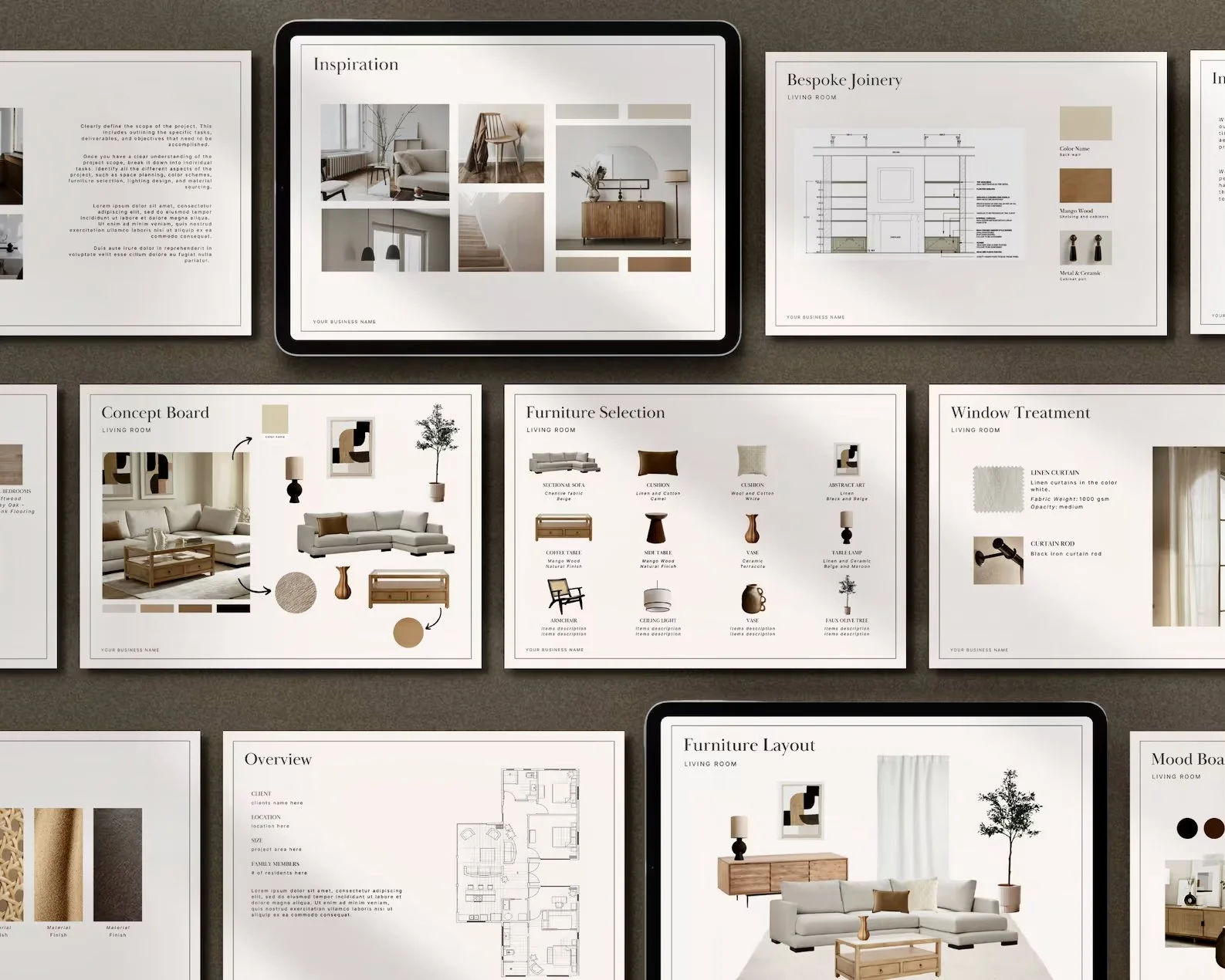 A collection of interior design mood boards and layout plans for a living room, showcasing furniture, color schemes, window treatments, and decorative elements.  Rachael Goddard Design Studio Calabasas