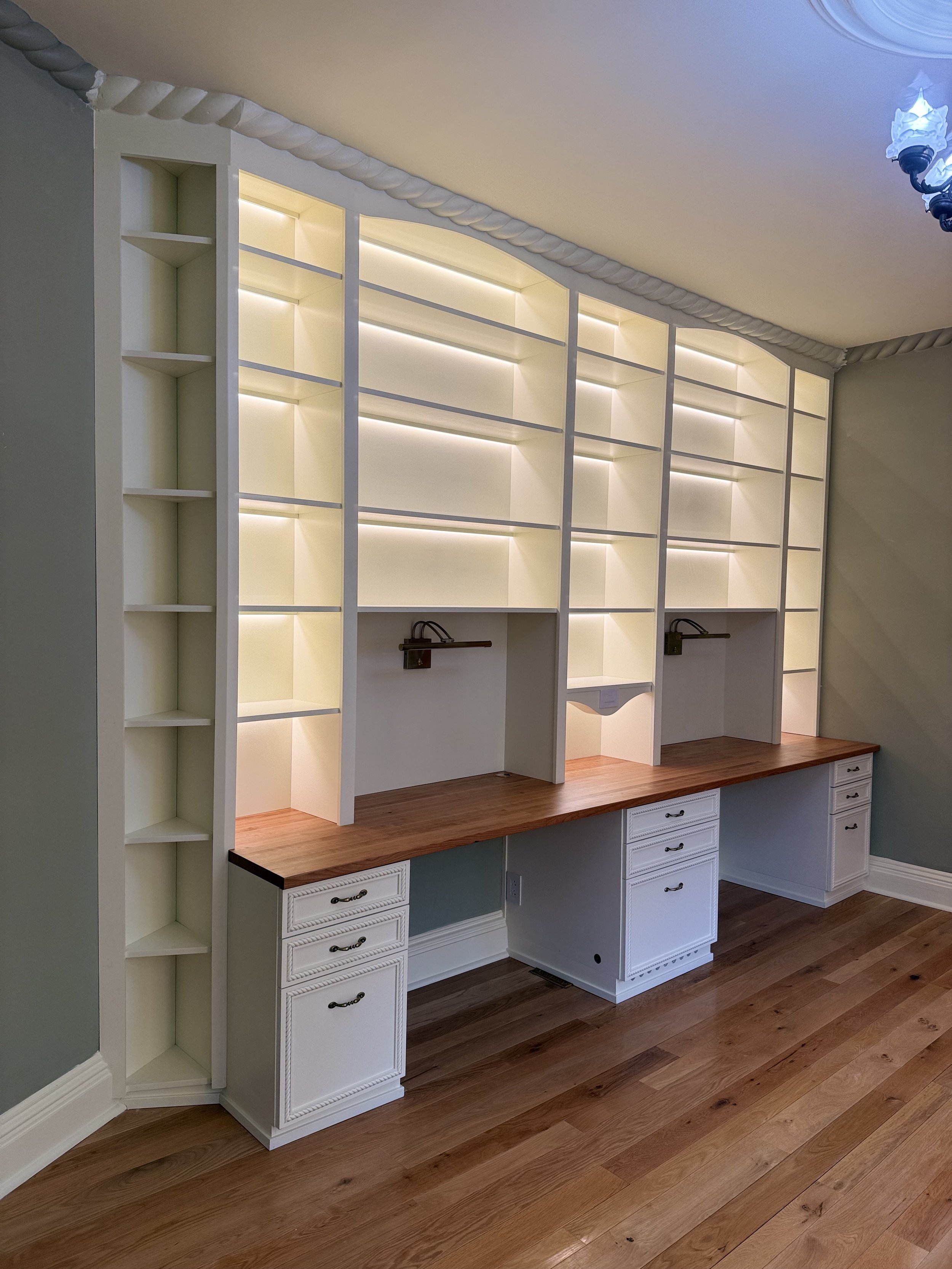 Custom Built-In Shelving with LED Lighting & Plaster Crown Molding — Finger Lakes, NY