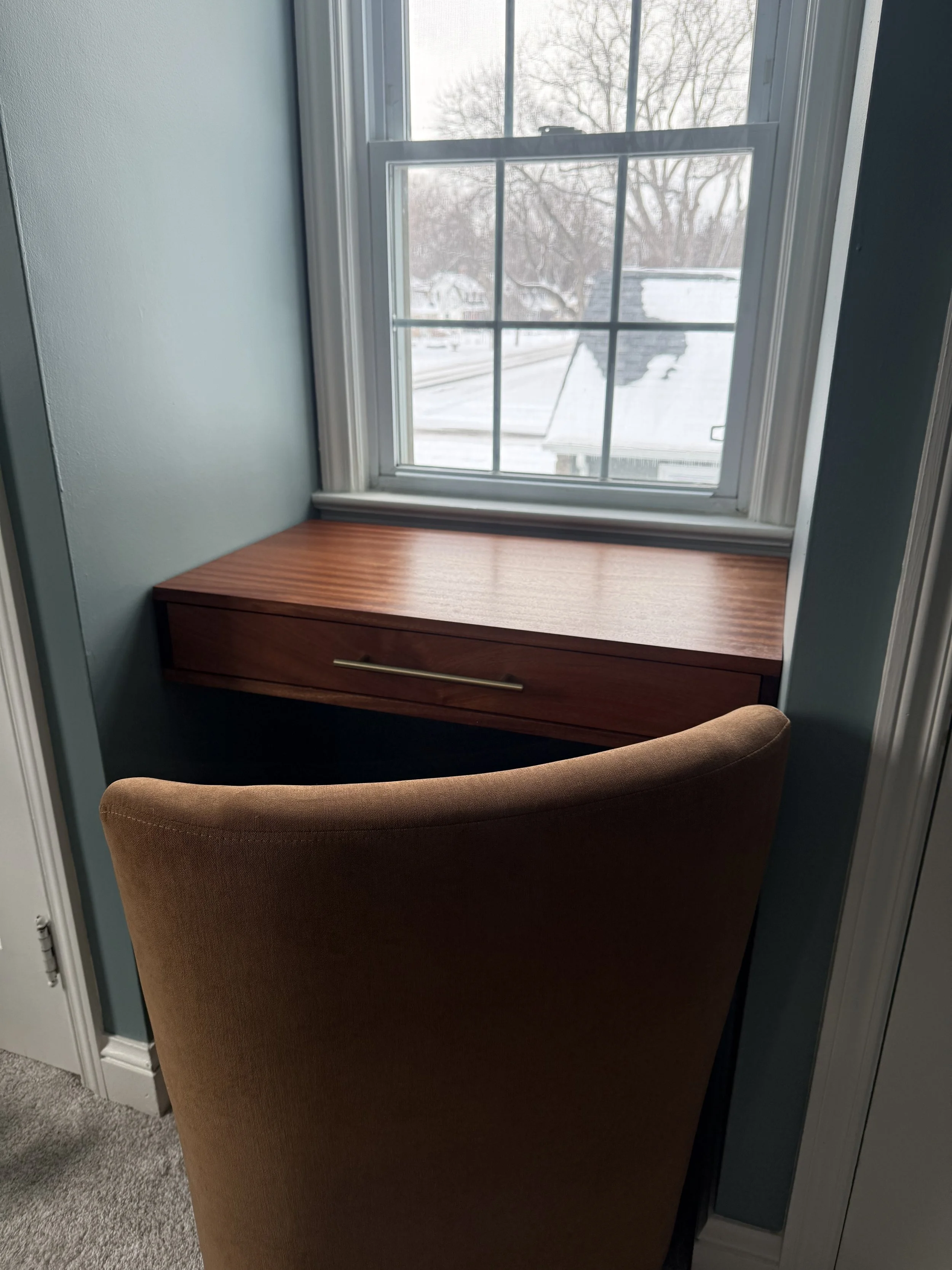 sapelle floating vanity desk under window custom woodworking project