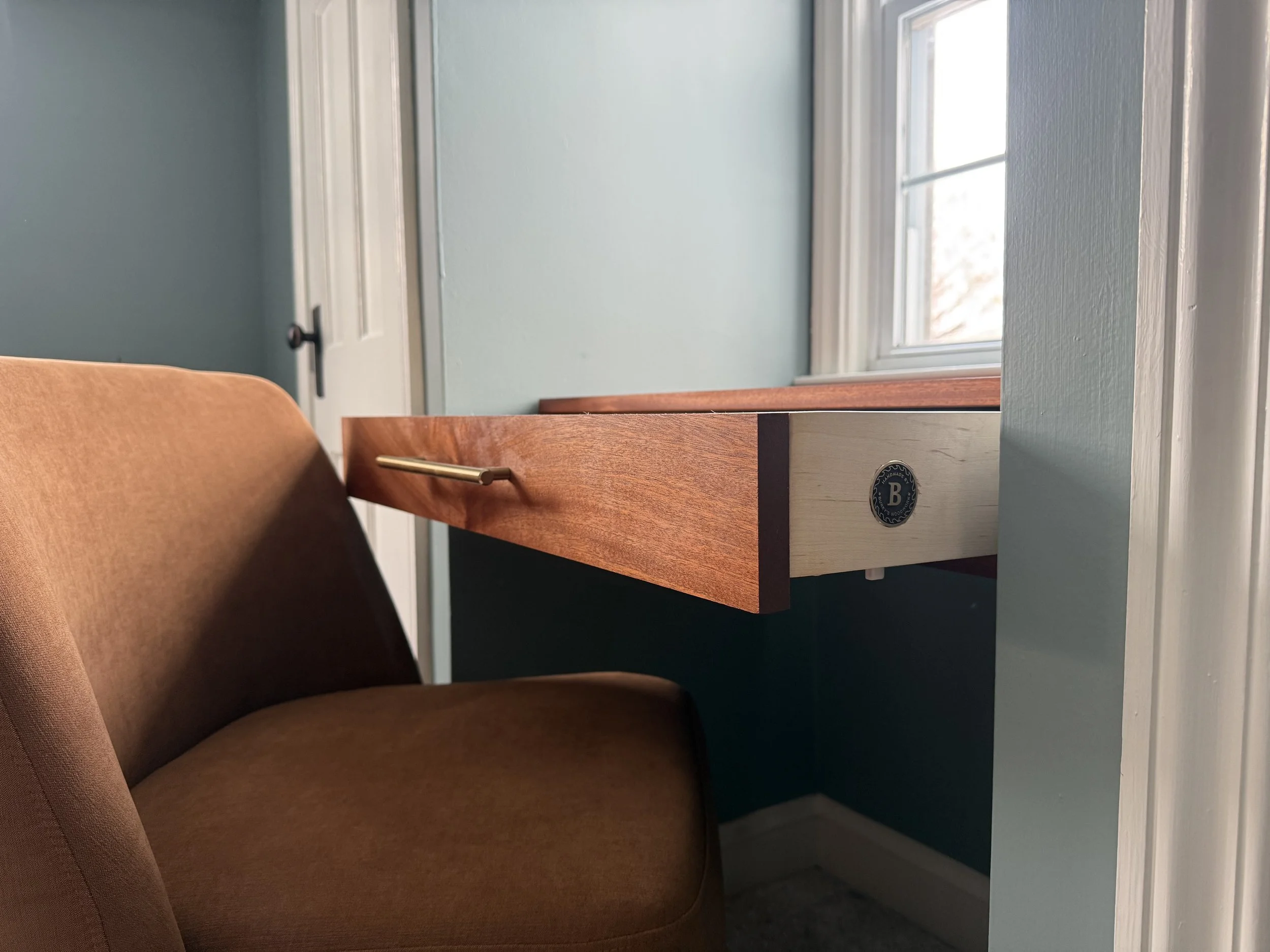 drawer detail on custom sapelle floating vanity handcrafted furniture