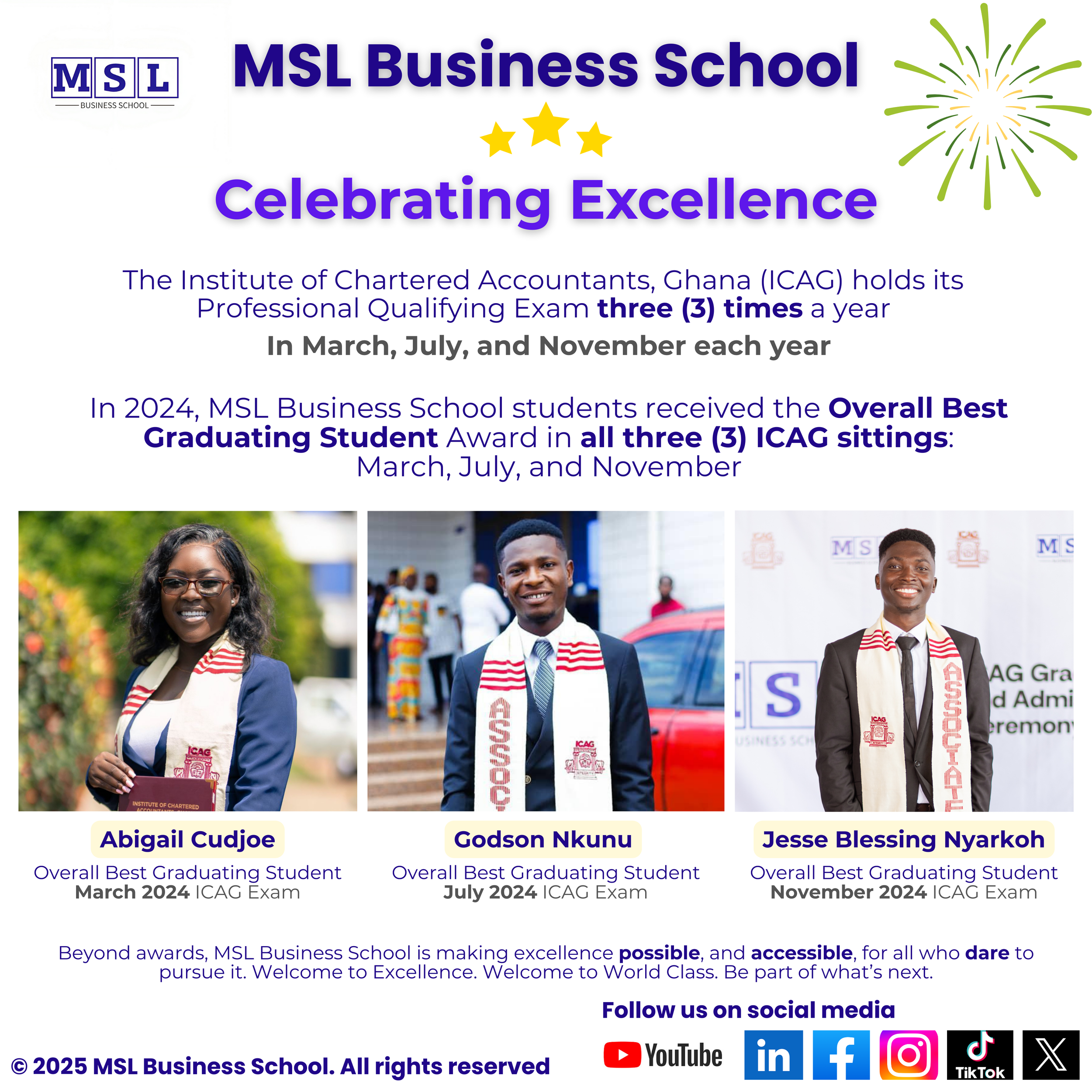 MSL Business School — all three Overall Best Graduating Student Chartered Accountants in the 2024 ICAG Exam Year — Abigail Cudjoe, Godson Nkunu, Jesse Blessing Nyarkoh