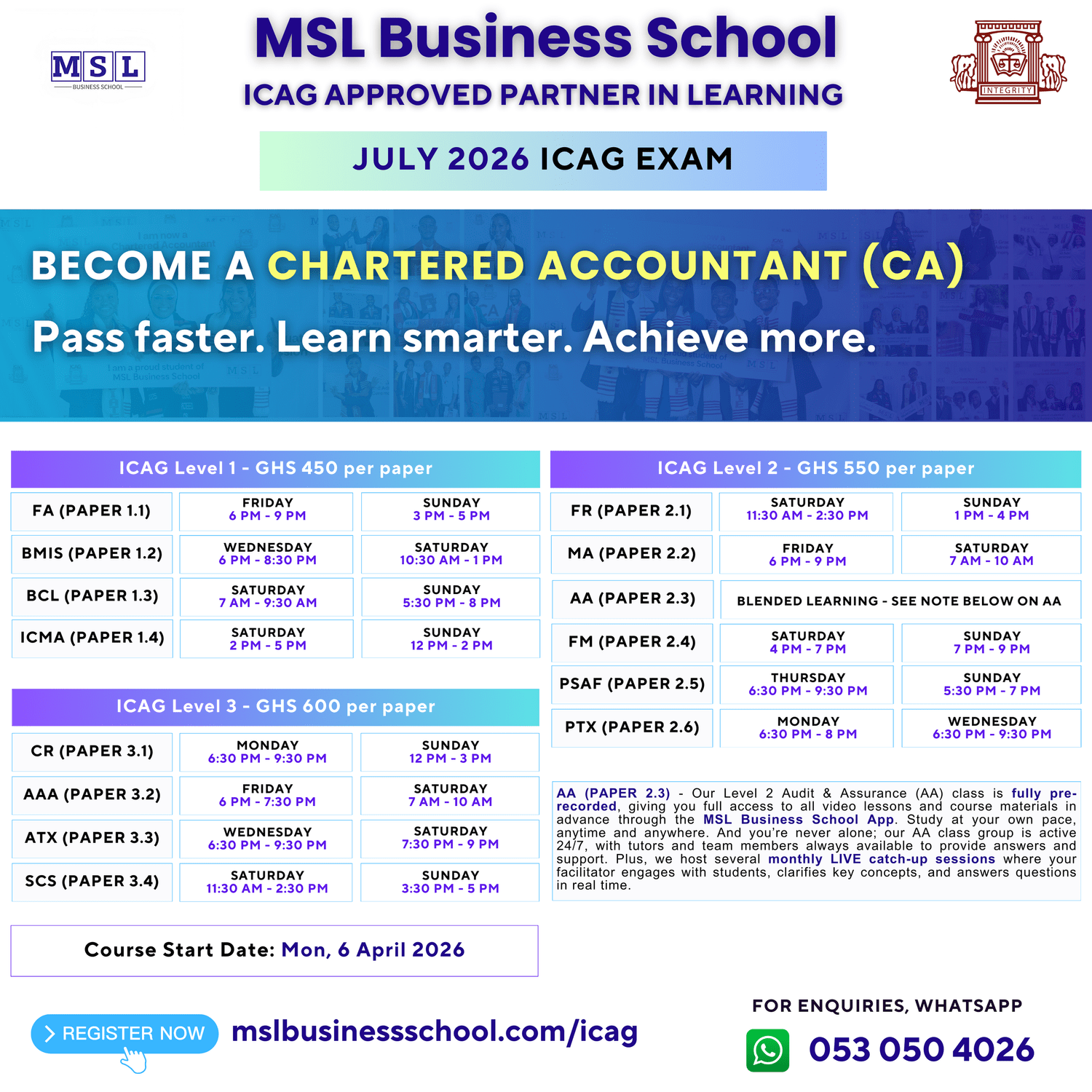 ICAG July 2026 examination timetable — MSL Business School