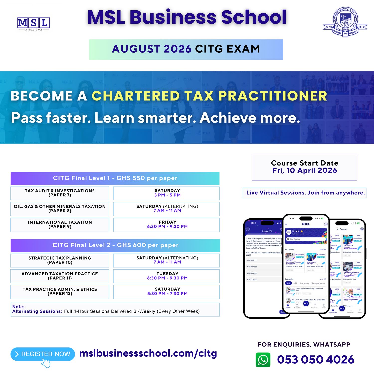 CITG August 2026 examination timetable — MSL Business School