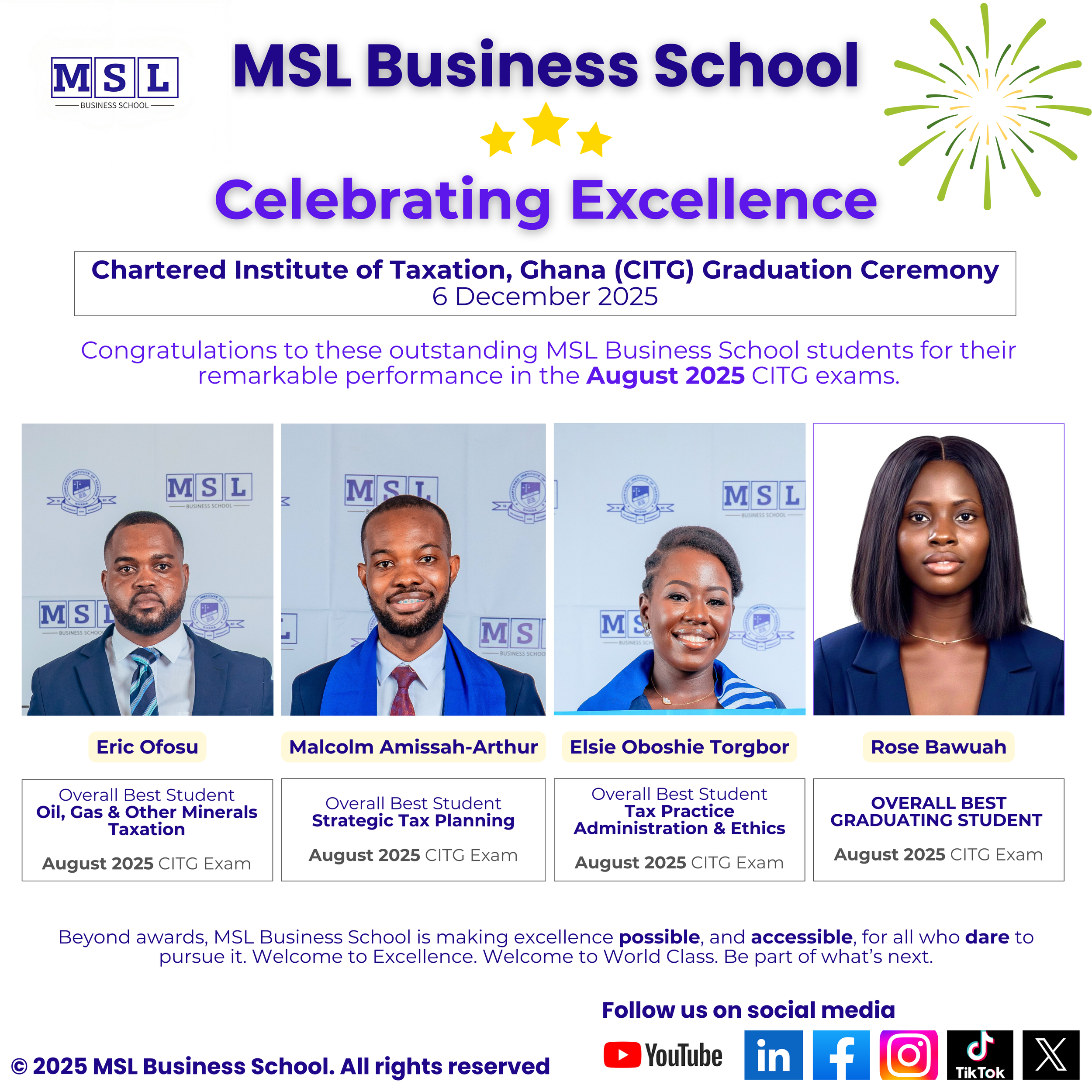 MSL Business School students at the 2025 CITG Graduation Ceremony, 6 December 2025 — Eric Ofosu, Malcolm Amissah-Arthur, Elsie Oboshie Torgbor, Rose Bawuah
