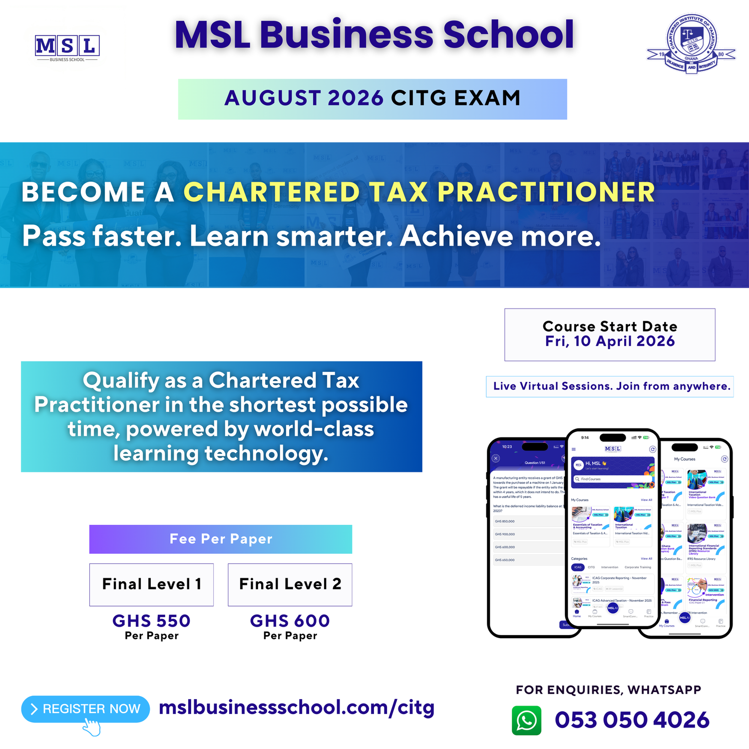 MSL Business School CITG August 2026 Premium Live Tuition programme flyer