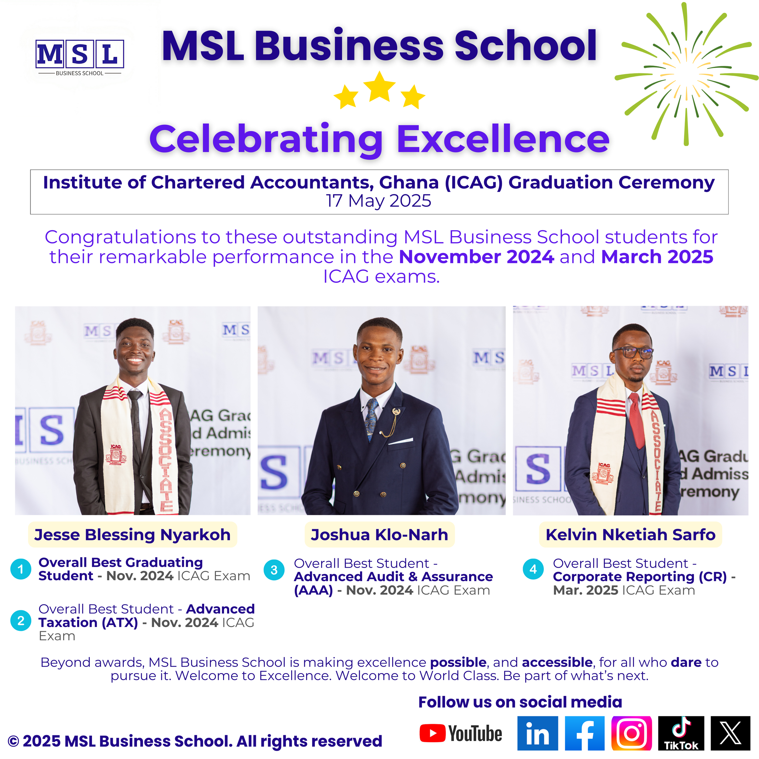 MSL Business School Students win five (5) awards at the 2025 Institute of Chartered Accountants, Ghana (ICAG) Graduation Ceremony held on 17 May 2025. Jesse Blessing Nyarkoh, Joshua Klo-Narh, Kelvin Nketiah Sarfo