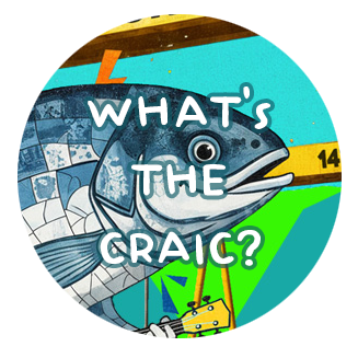 Circle logo with a fish wearing glasses and a hat, with the text "What's the craic?" and a small yellow submarine graphic.