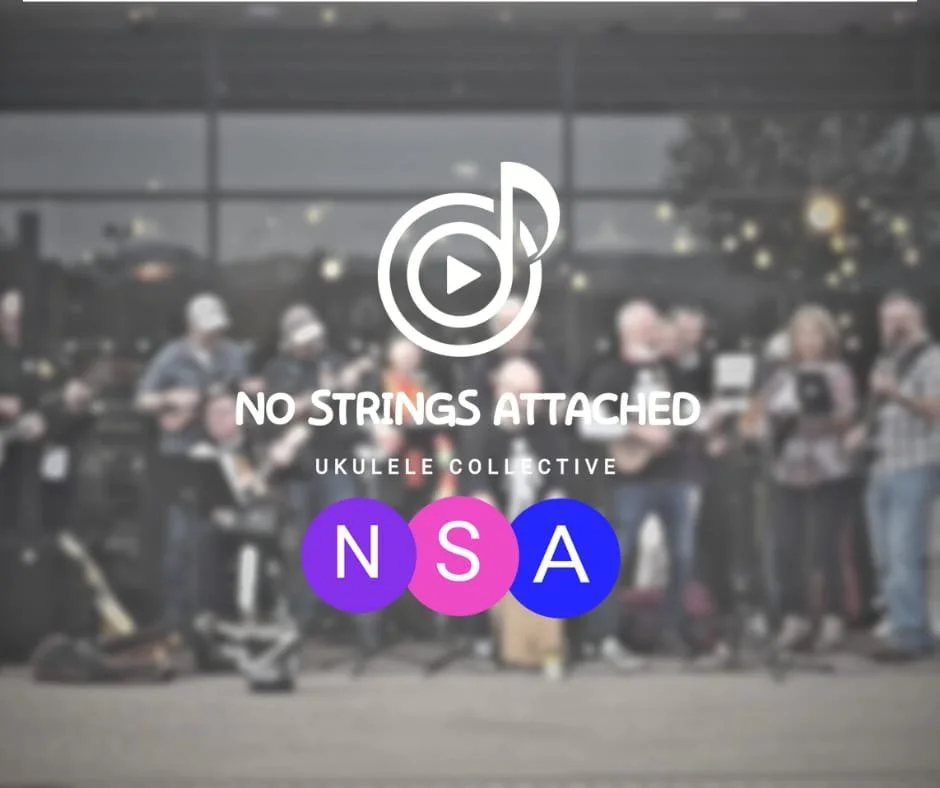 A group of people with musical instruments in front of a building, with a logo and text overlay reading "No Strings Attached, Ukulele Collective, NSA."