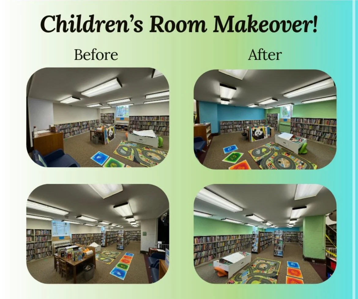 before and after of children's room at library, showing two photos of a  white room and two views of the same room painted blue and green.