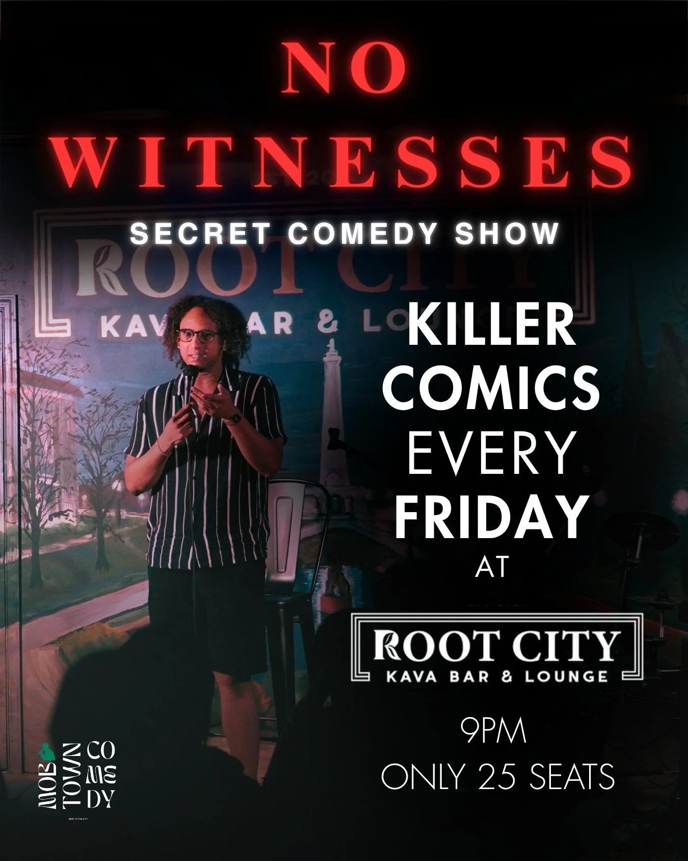 A poster for a comedy event called 'Kava Comedy' featuring Teddy K and friends, taking place every third Saturday at 7 PM at Root City Kava Bar & Lounge in Baltimore, Maryland. The poster has a green leafy background, a drawing of a kava bowl, a microphone, and text with event details.