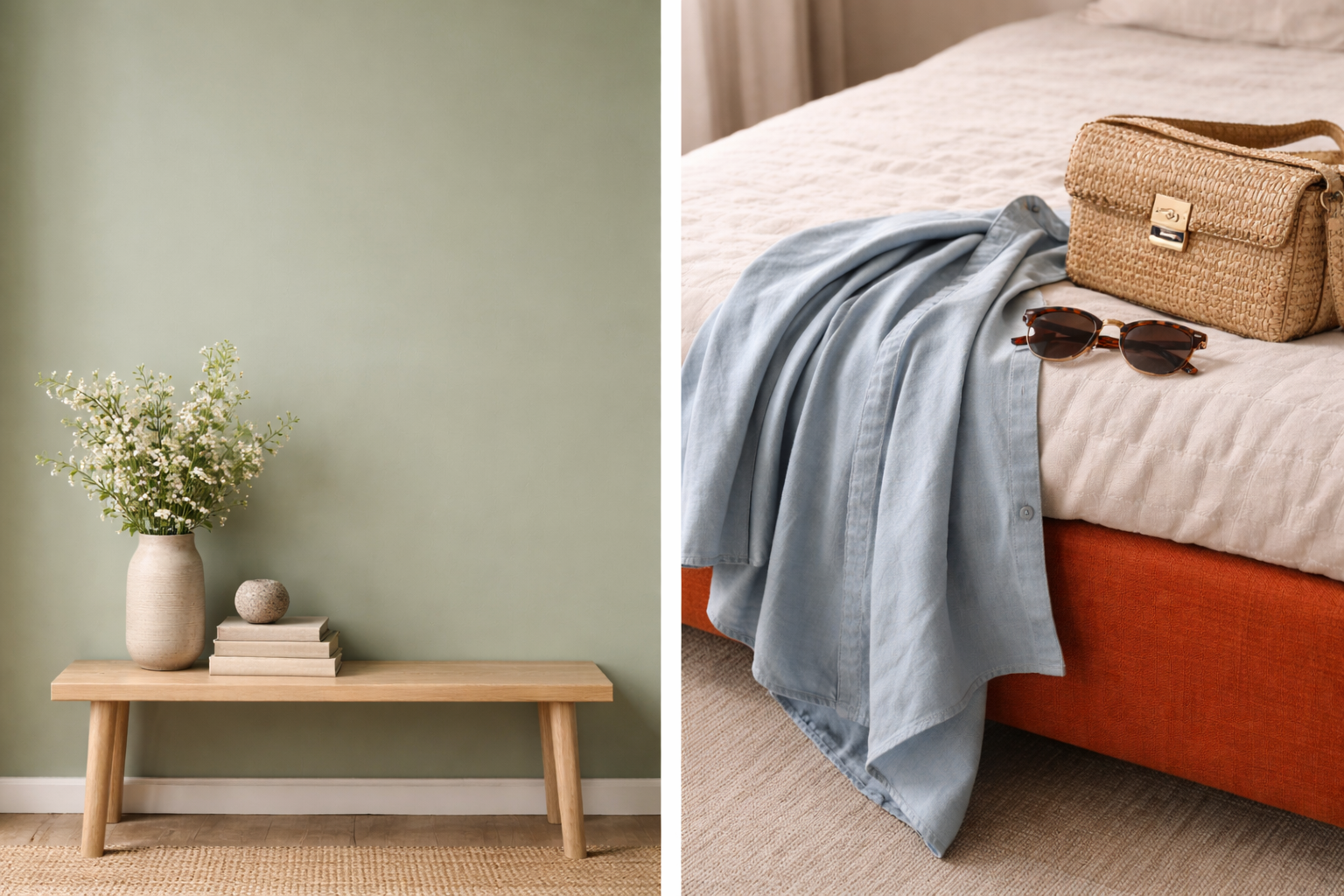 A minimalist wooden desk with a terracotta table lamp, stacked books, a framed abstract art piece, and a soft blue upholstered chair set against a muted green wall.
