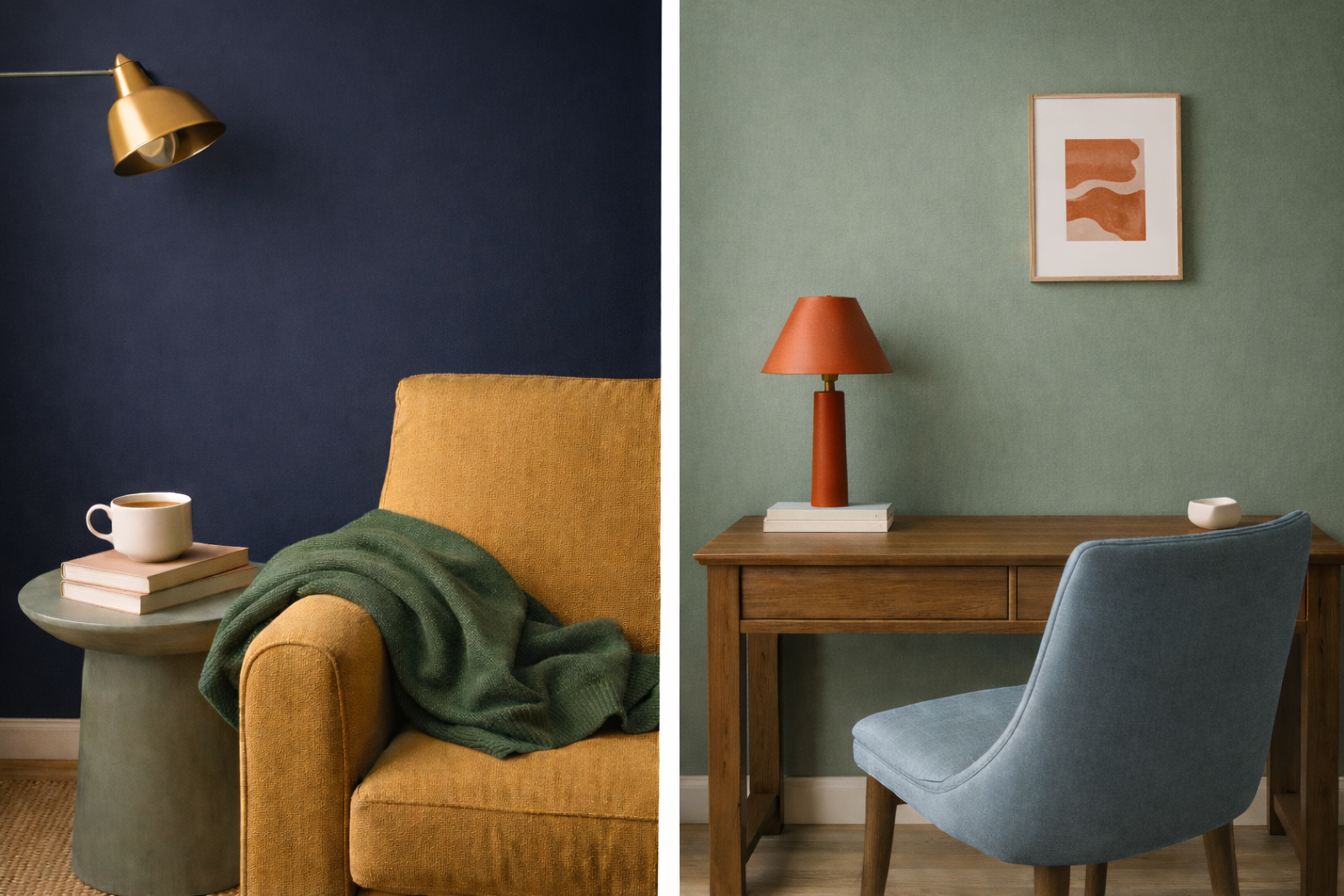 A modern living room corner featuring a mustard armchair with a green throw blanket, a round side table with stacked books and a coffee cup, and a brass wall lamp against a deep navy blue wall.