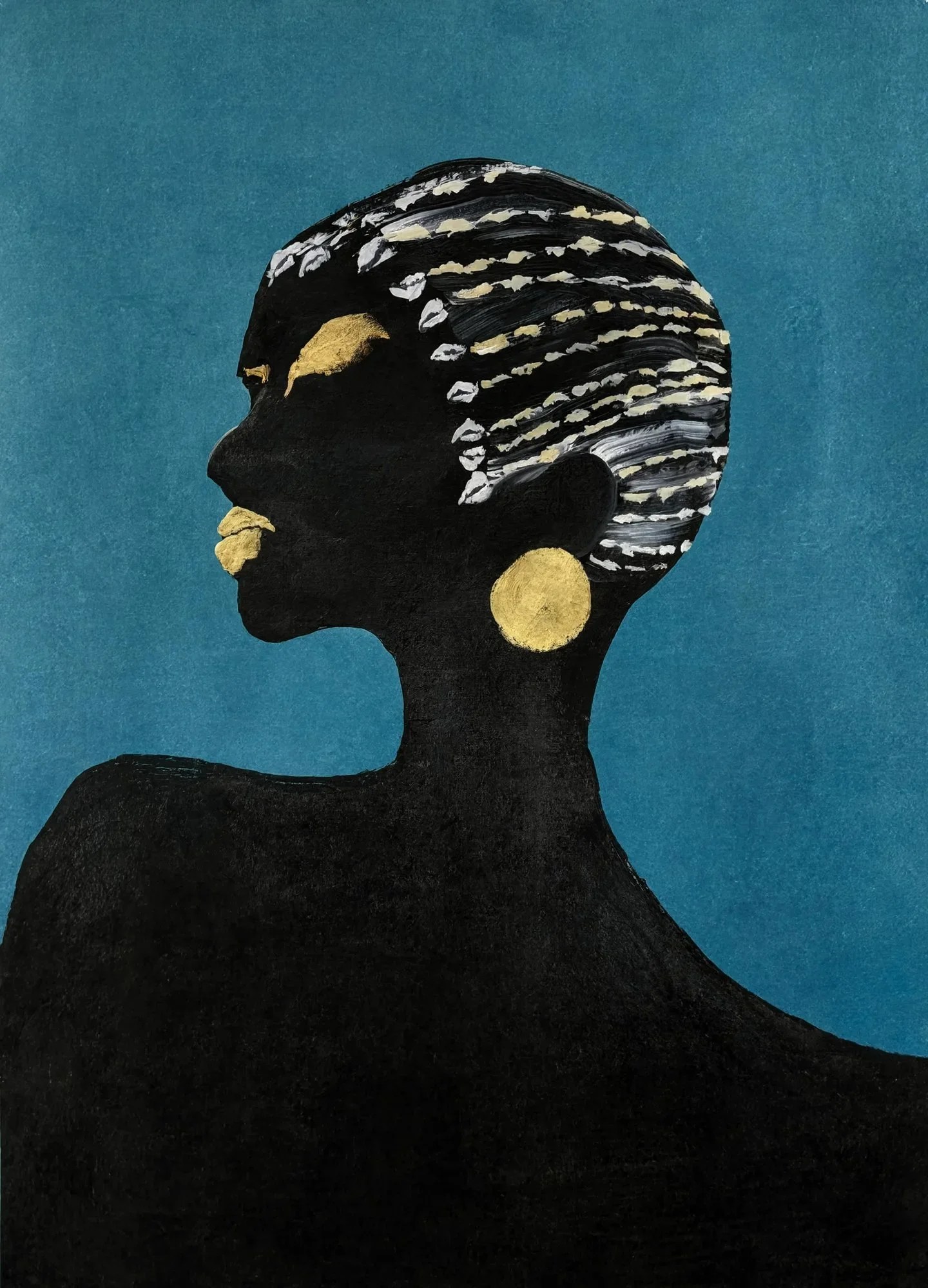 Black and Gold Portrait Painting | Braided Hair Silhouette Art