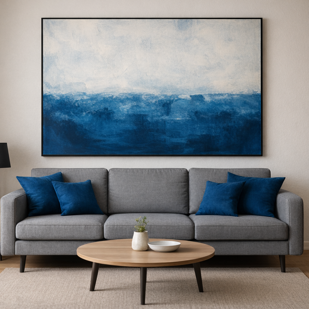 A photo of a modern living room. A large, primarily blue and white abstract painting hangs above a sleek grey sofa. The painting is clearly two-thirds the width of the sofa. There are a few small blue pillows on the sofa that echo the blue in the art