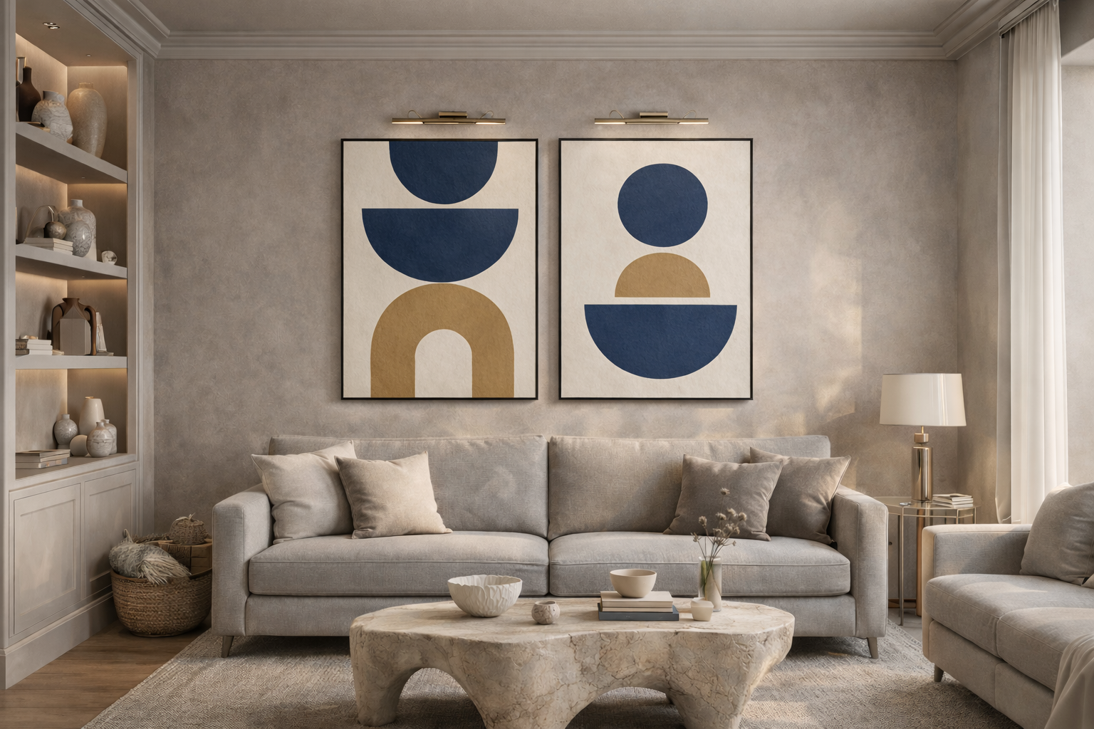 A modern living room with neutral furnishings showcasing two large geometric abstract artworks in navy blue and gold tones hanging above a light gray sofa, with built-in shelving and warm ambient lighting.