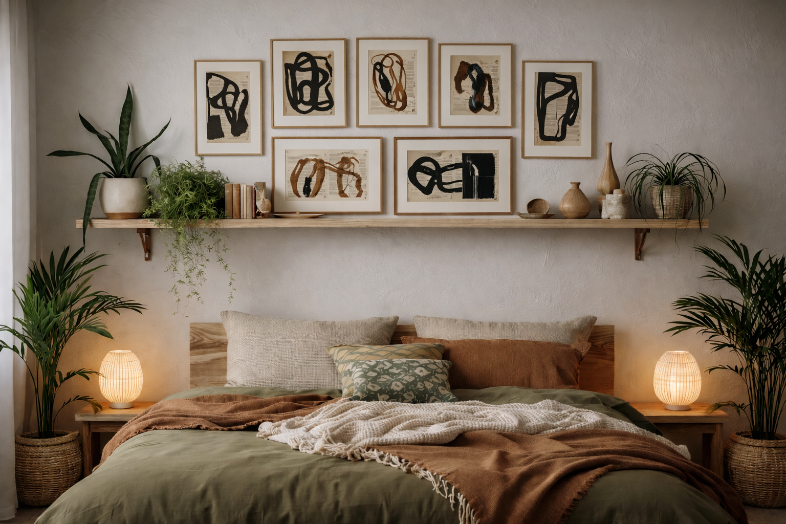 A cozy bedroom featuring a wooden shelf above the headboard displaying a gallery wall of abstract black and brown ink artworks in light wood frames, styled with plants, warm lighting, and natural textiles