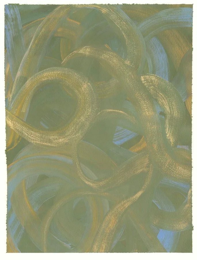 Gold Leaf Abstract Painting | Sage Green Gestural Ribbon Art