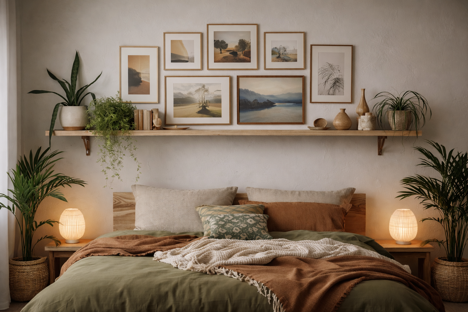 A warm, earthy bedroom with a wooden shelf above the headboard displaying framed landscape and botanical artworks in soft neutral tones, surrounded by plants, soft lighting, and cozy layered bedding.