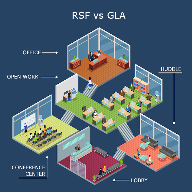 Diagram comparing RSF and GLA office layouts, featuring sections labeled 'Lobby', 'Conference Center', 'Open Work', 'Office', and 'Huddle', with different furniture and arrangements in each area.