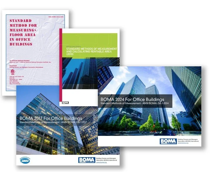Collection of four BOMA Standards books about measurement standards for office buildings, showing covers with titles and images of modern Office Buildings. BOMA 1996, BOMA 2010, BOMA 2017, and BOMA 2024